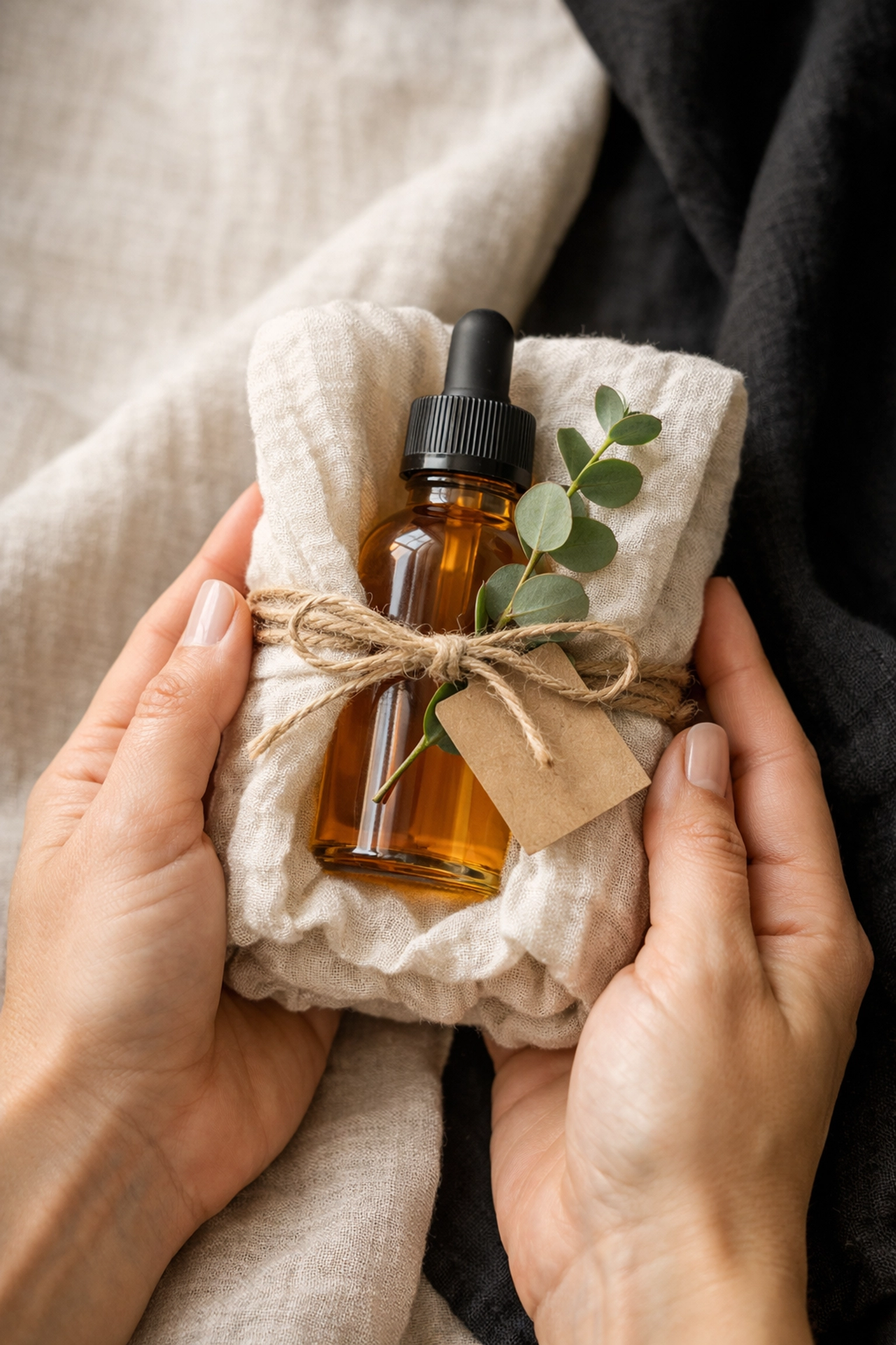 Handcrafted custom body oil gift wrapped with eucalyptus and natural twine