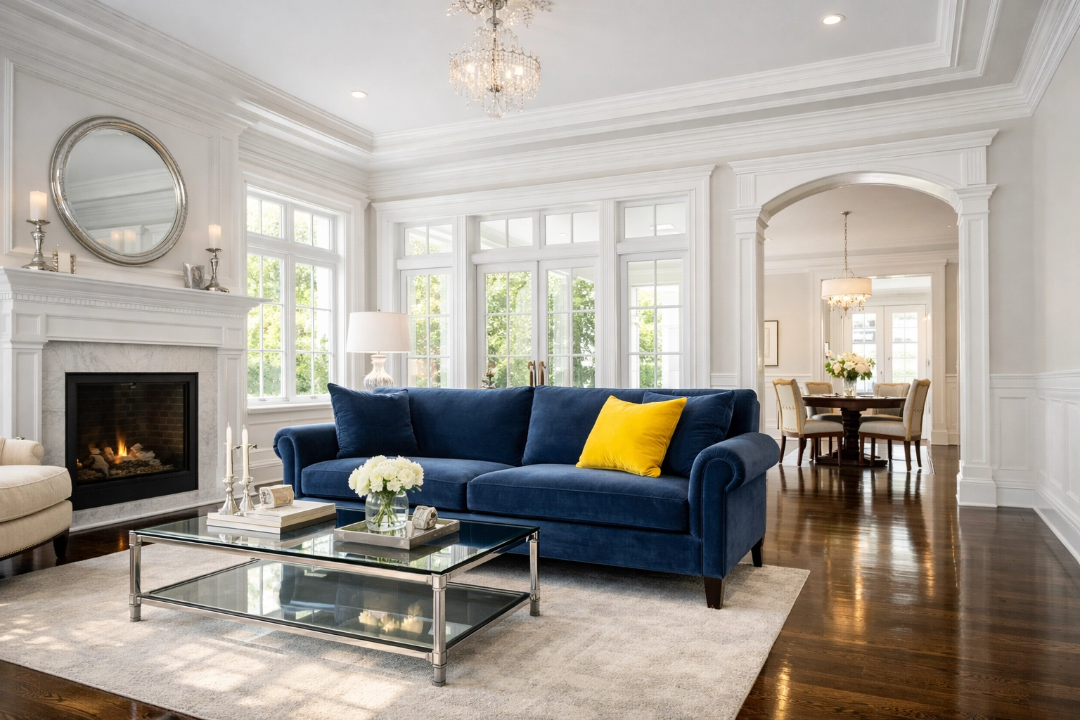 Spotless luxury Belmont living room with hardwood floors after professional cleaning service.