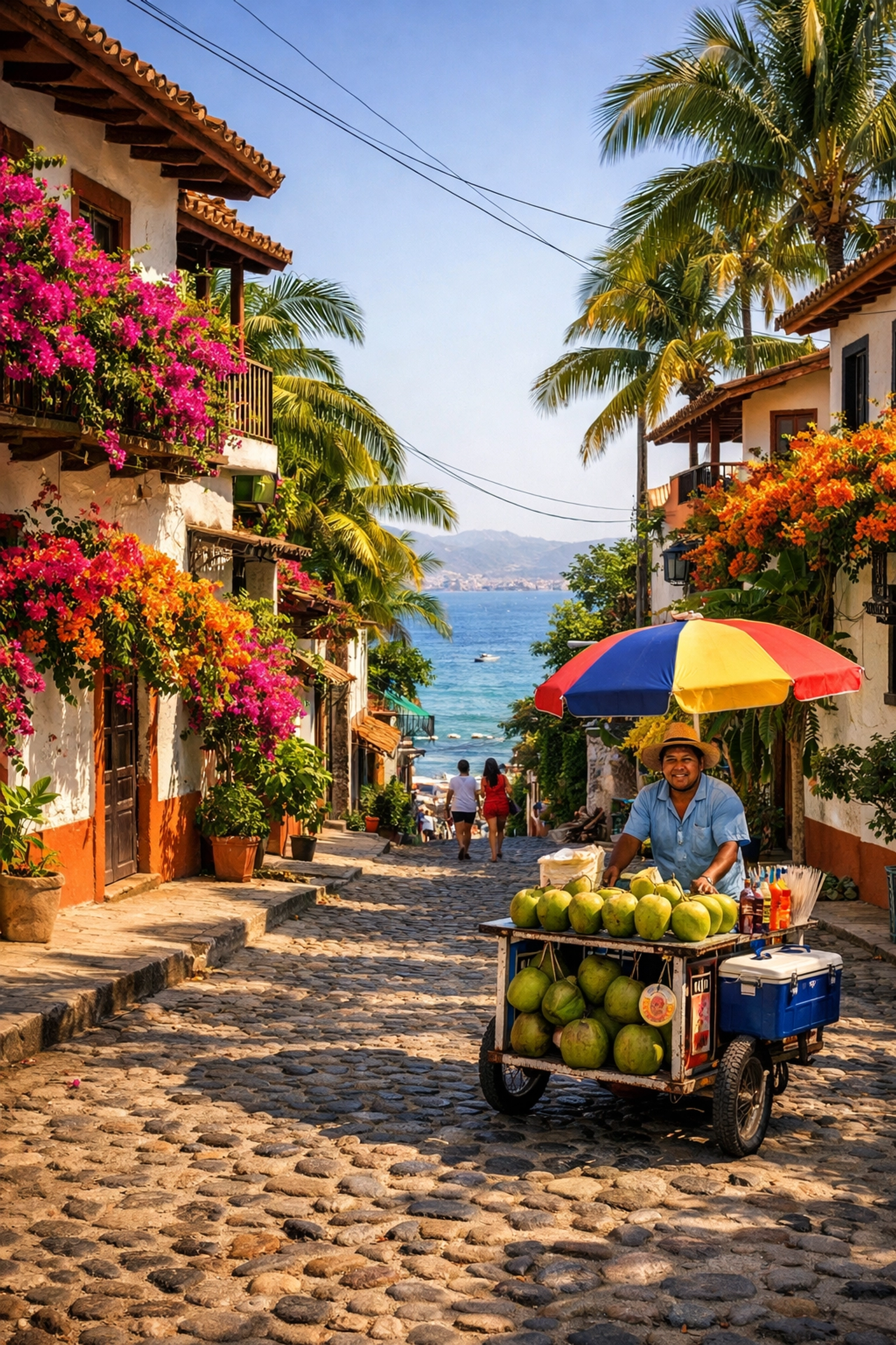 Colorful cobblestone street in Amapas neighborhood Puerto Vallarta with local vendor
