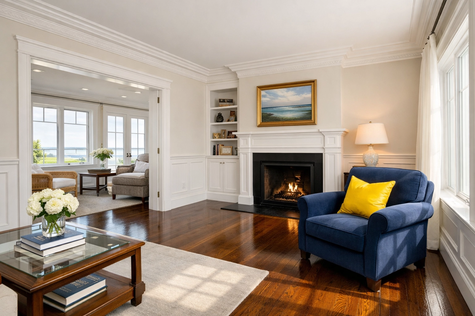 Clean Norfolk living room with polished hardwood floors and dust-free white crown molding after deep cleaning.