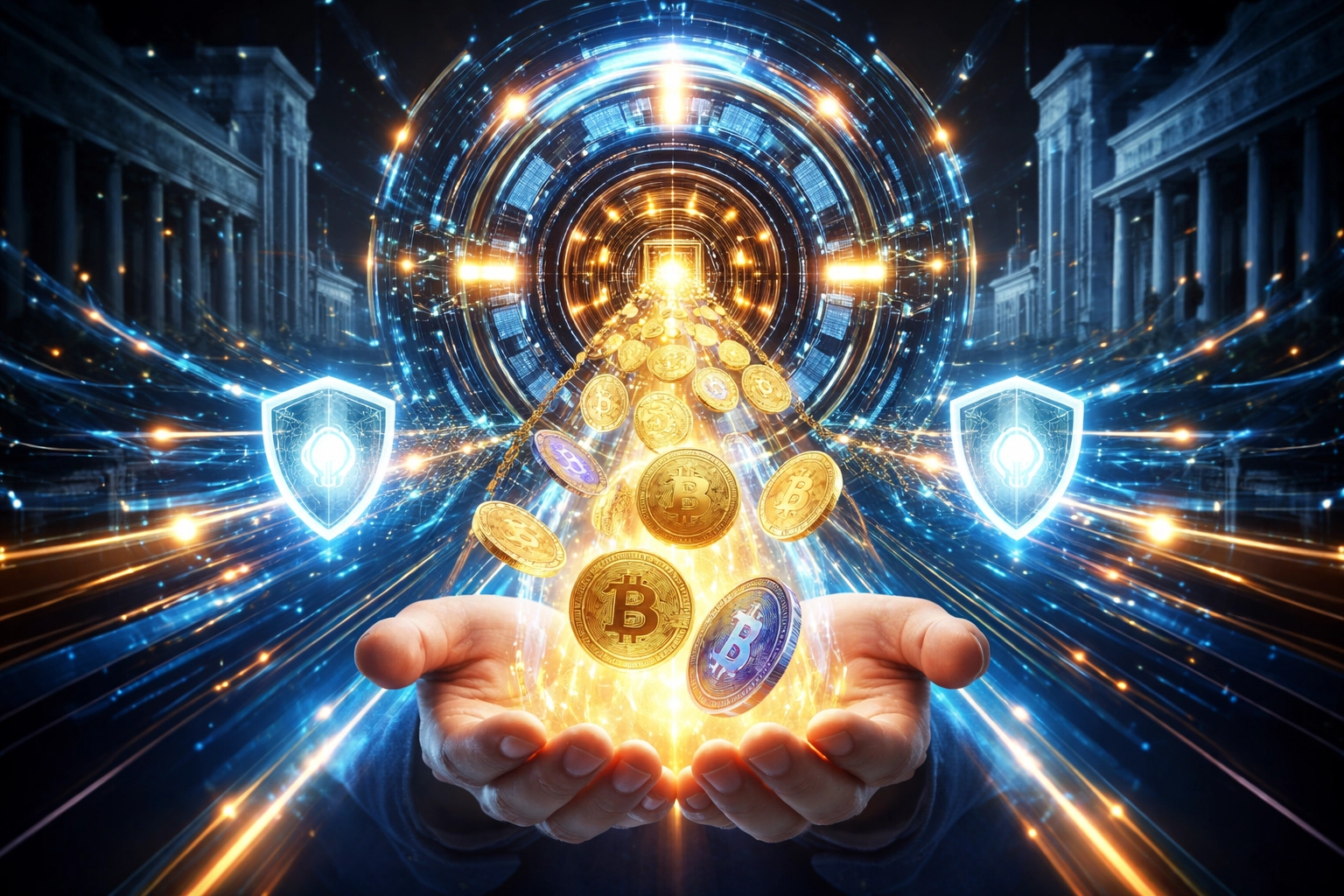 Merchant receiving cryptocurrency payments directly, symbolizing self-custody and bank-free business with Web3 technology