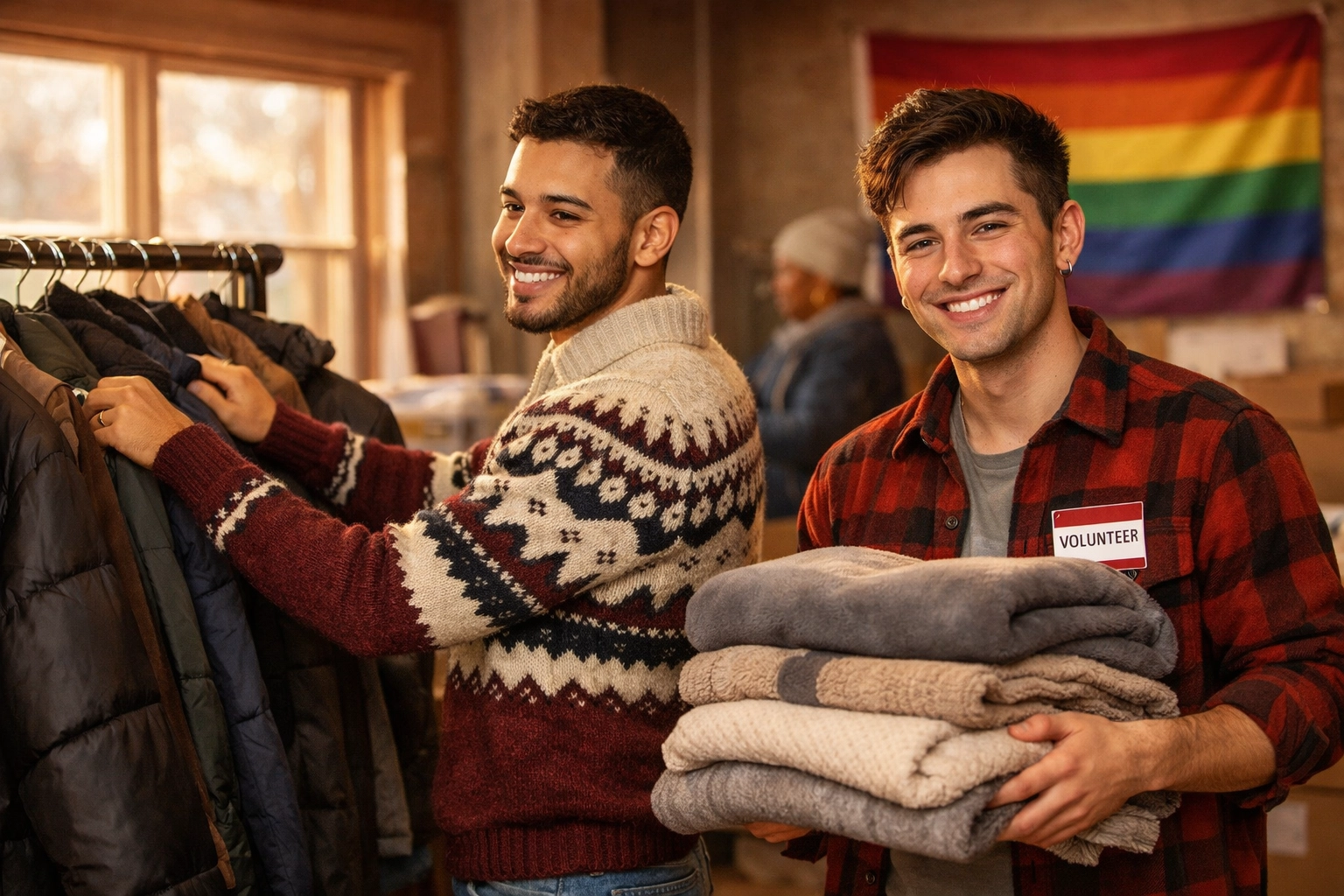 Gay men organizing winter coats and blankets at LGBTQ+ community center