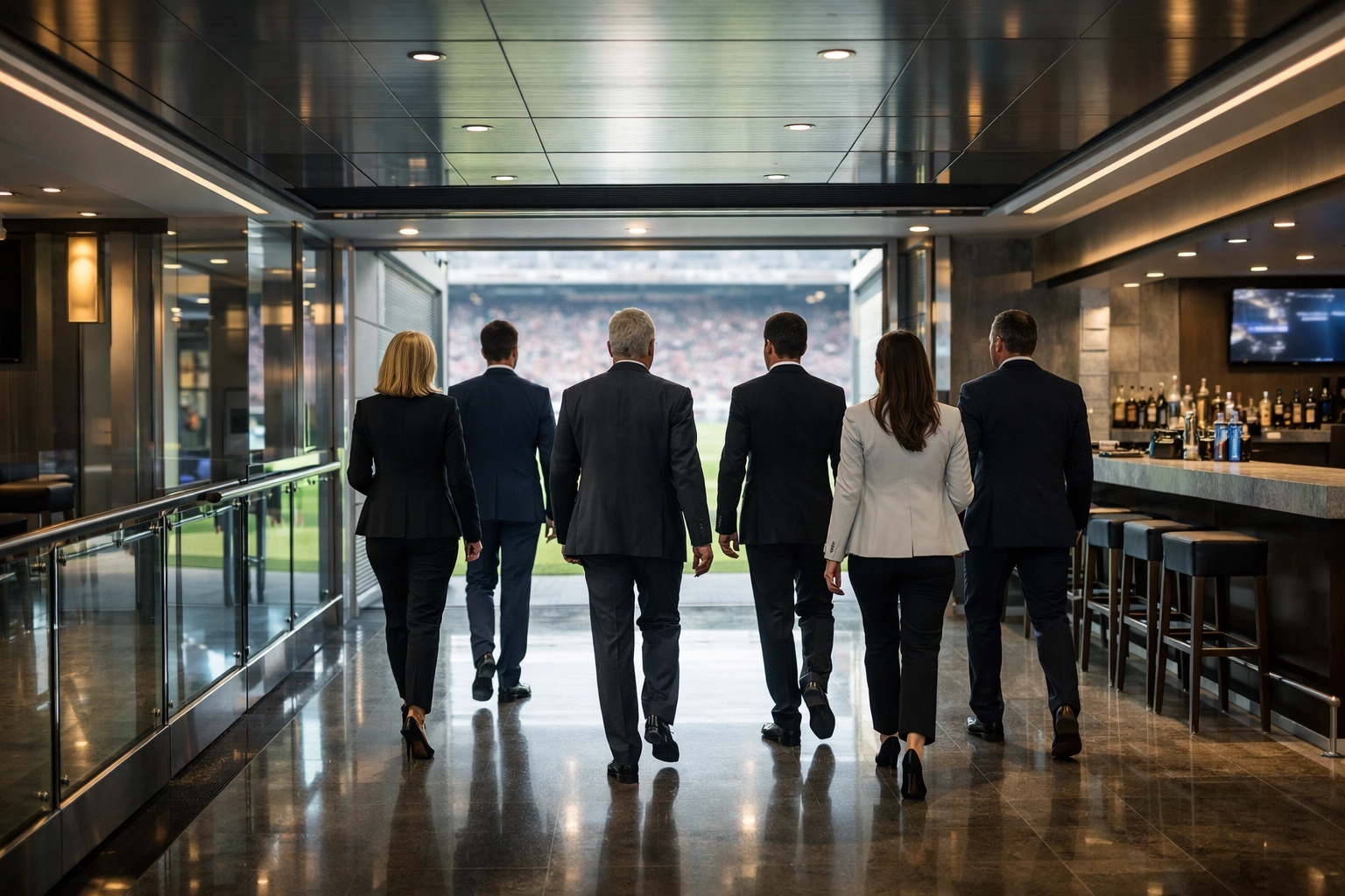 Corporate executives enjoy seamless VIP stadium access through a modern concourse during the Super Bowl.