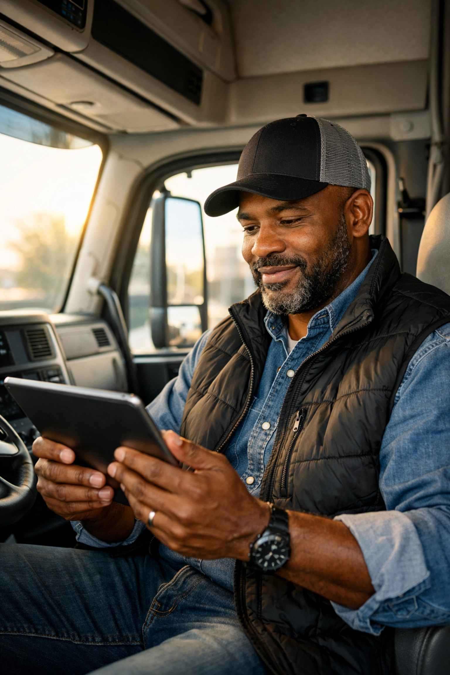 Confident owner-operator in truck cab analyzing data for carrier rate negotiation.