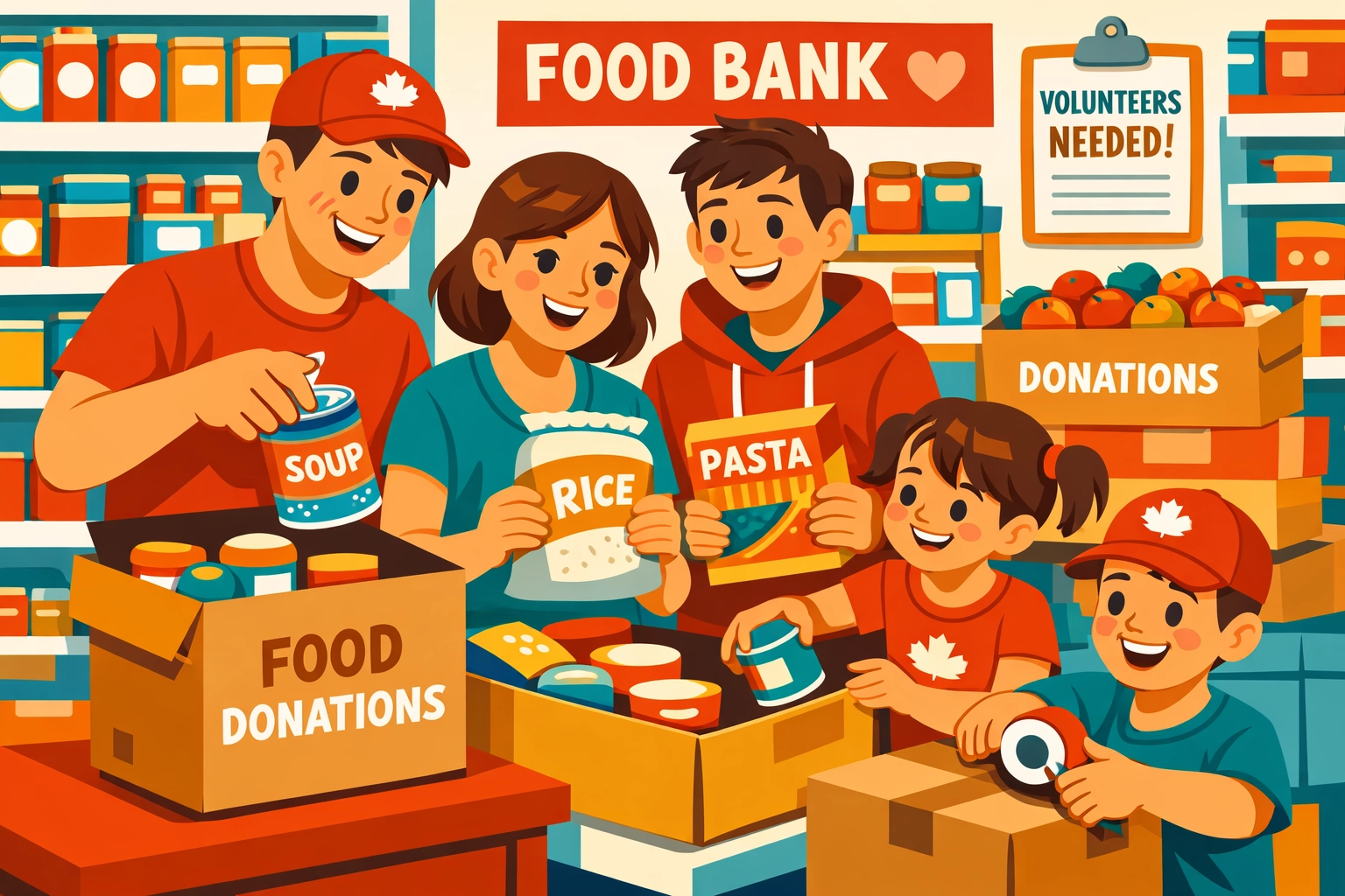 Family volunteering at food bank teaching kids faith in action through community service