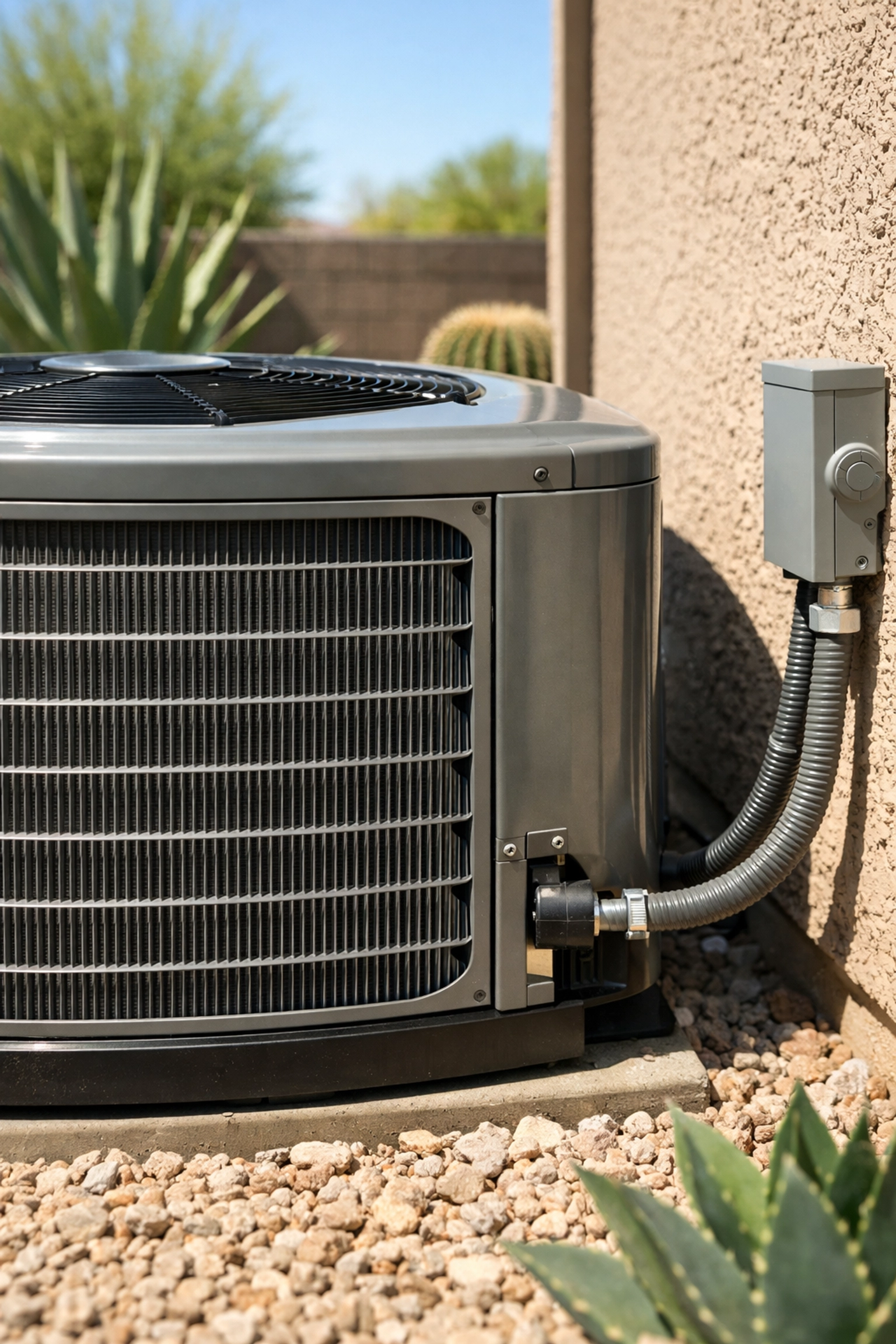 Close-up of a residential AC unit in Arizona, emphasizing the importance of HVAC electrical maintenance.