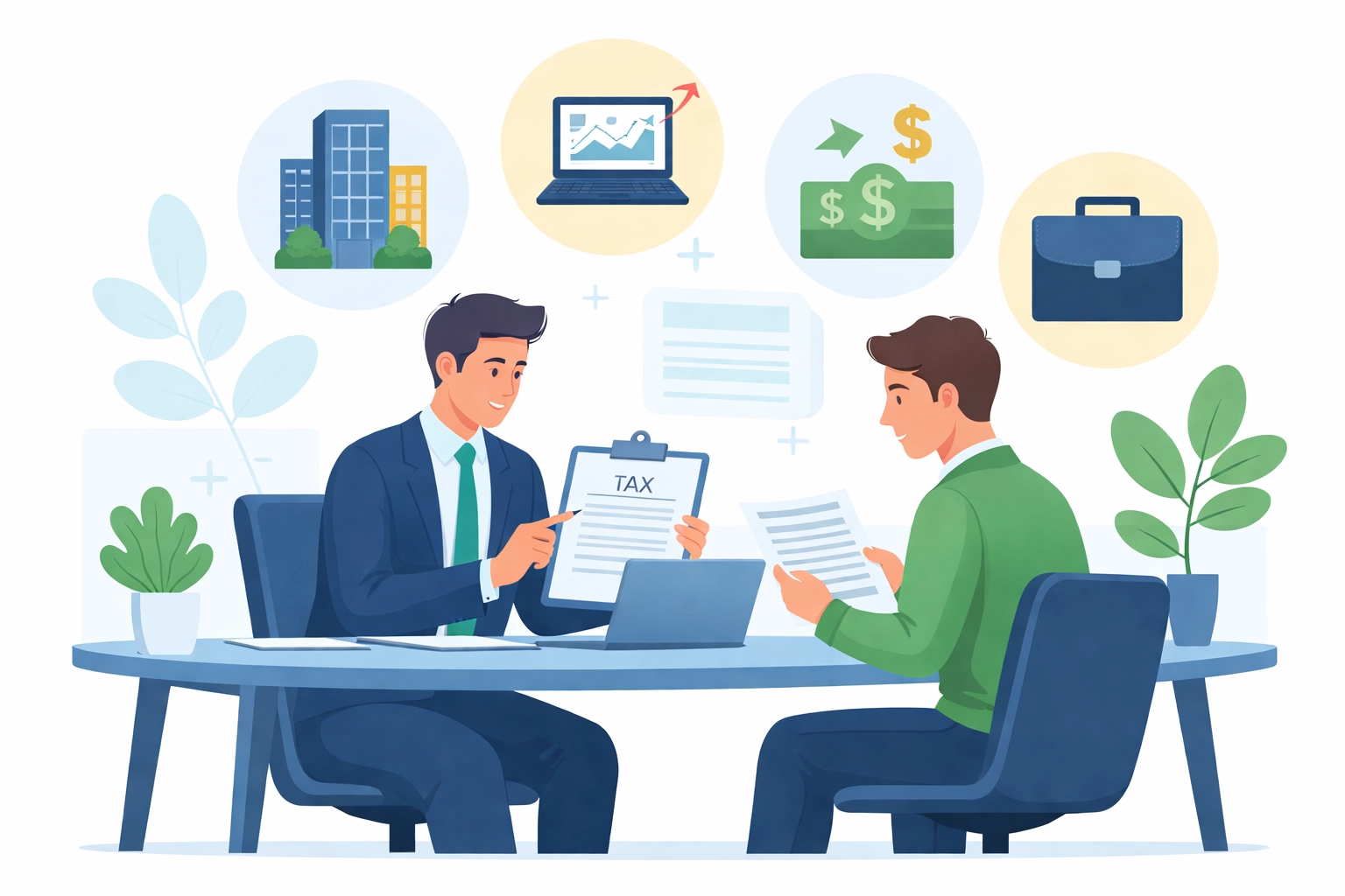 Tax consultant and client reviewing documents together with icons of income sources, highlighting professional tax preparation benefits