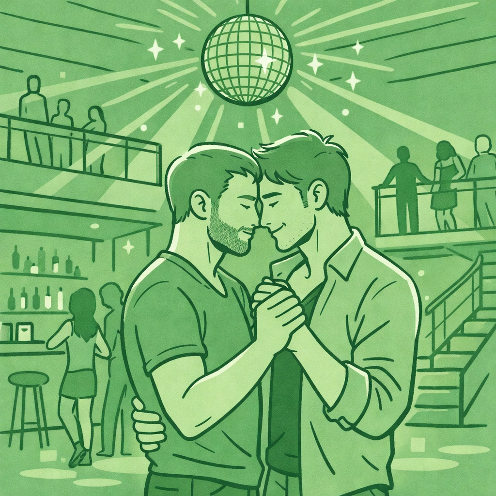 Gay couple dancing at ARQ Sydney nightclub with multi-level dance floors and disco lighting