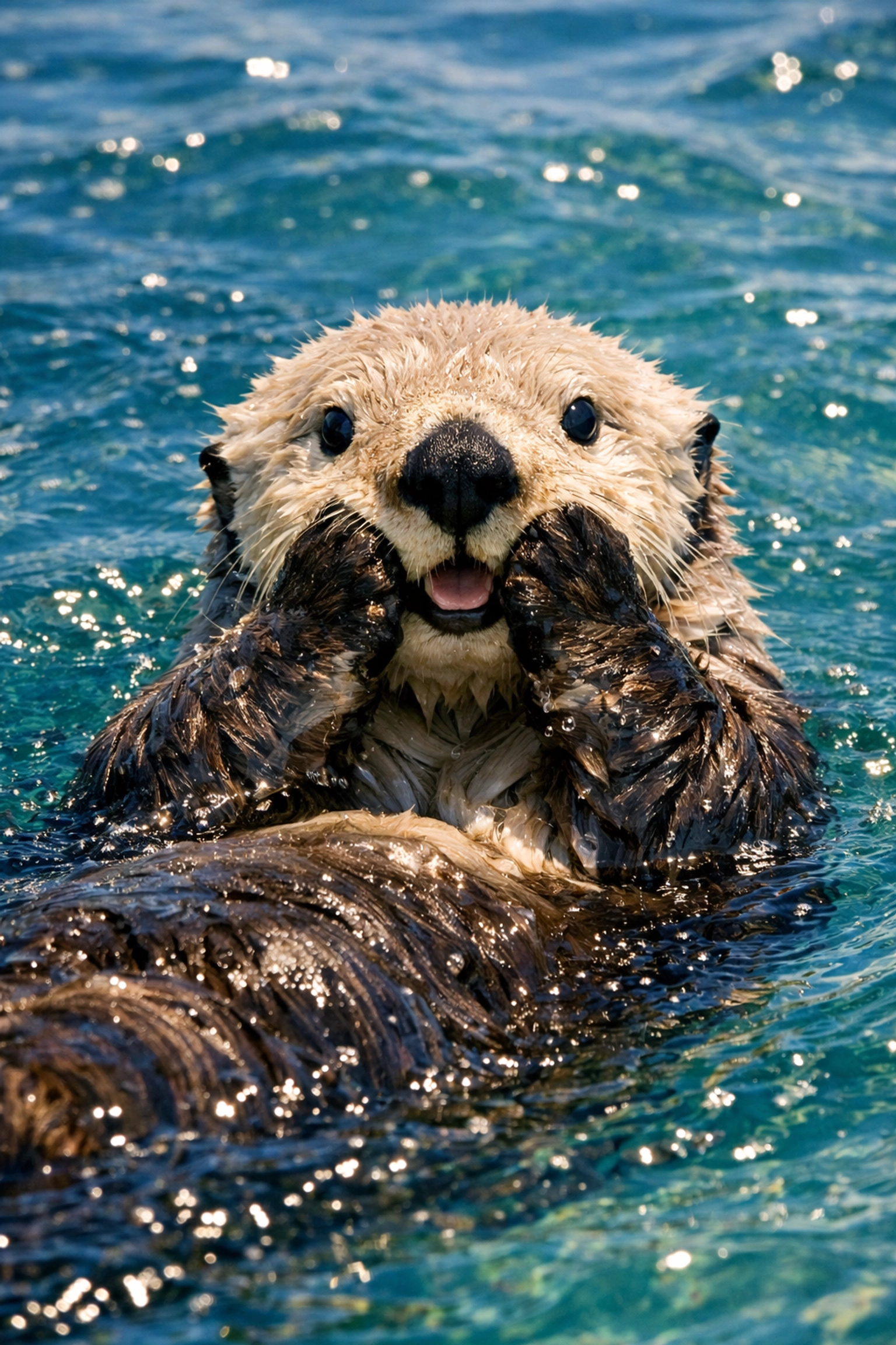 Playful sea otter floating in blue water for conservation storytelling and branding.