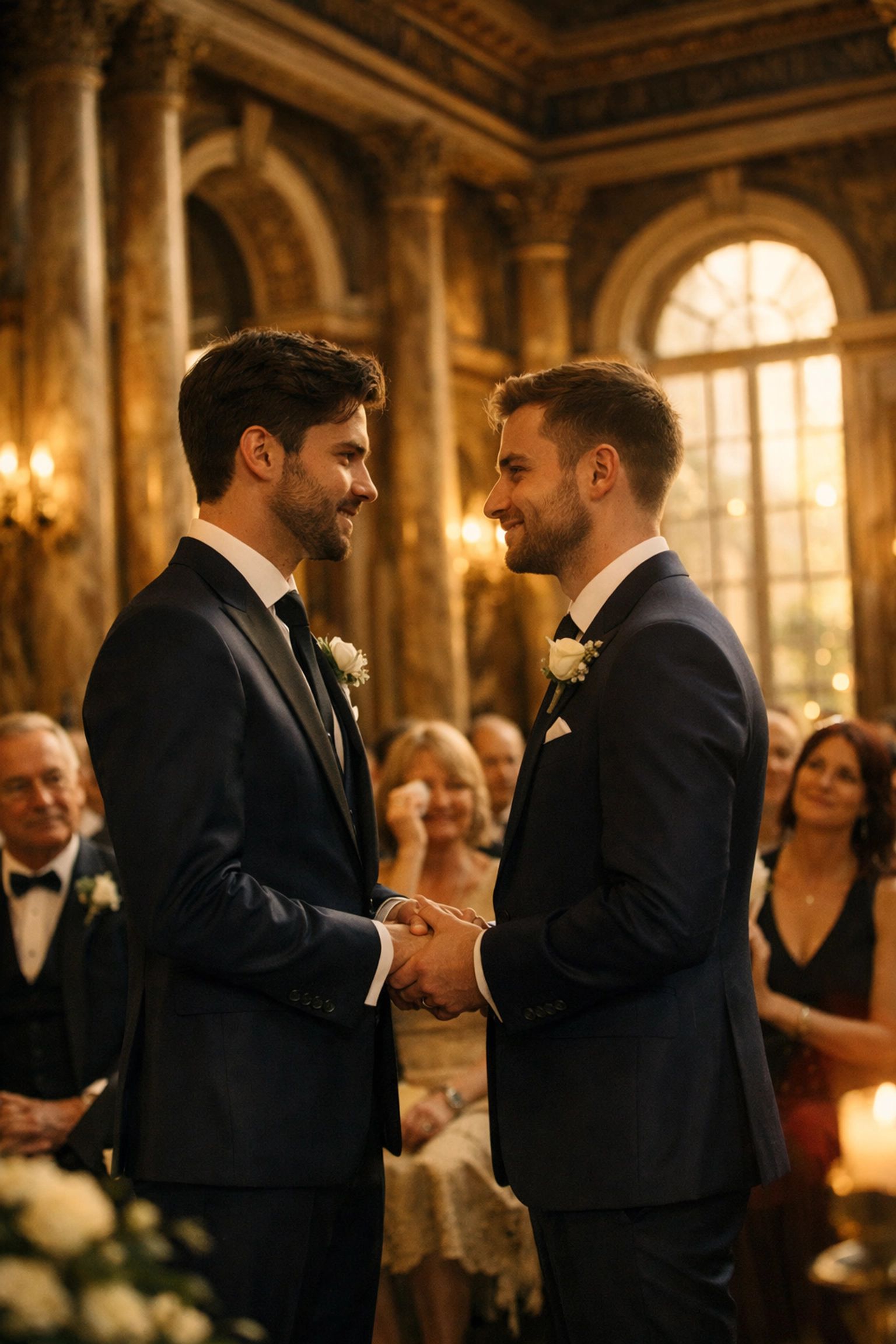 Two grooms exchanging vows at historic London wedding venue with Georgian architecture