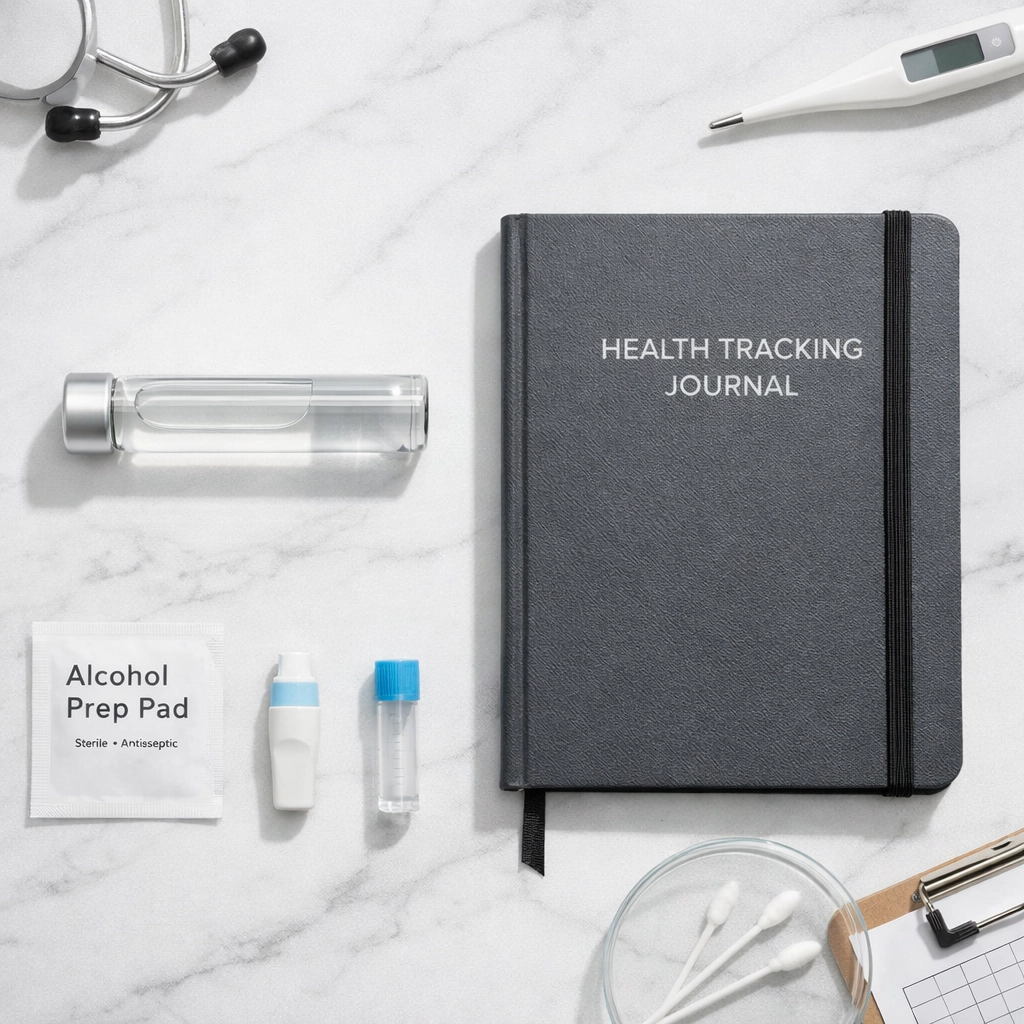 Clinical weight loss kit with medication vial and tracking journal, emphasizing science-based health management.