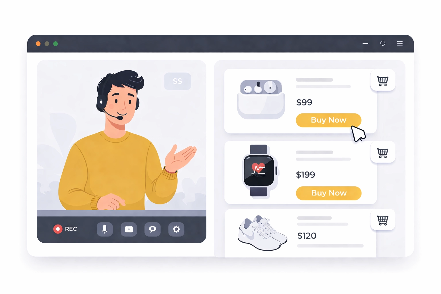 Split-screen illustration of a live shopping webinar with interactive product cards and in-presentation purchasing features.