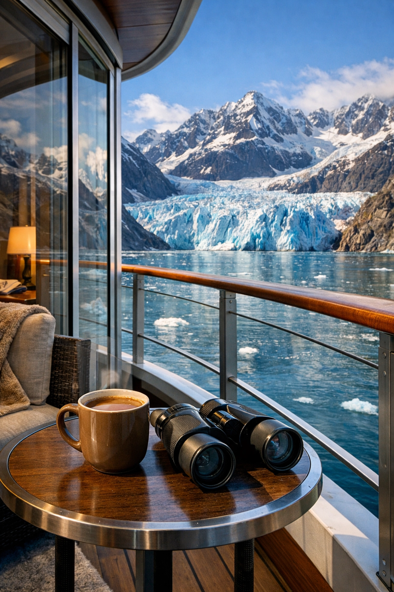 Glacier views from a private balcony on an MSC Poesia luxury cruise to Alaska.