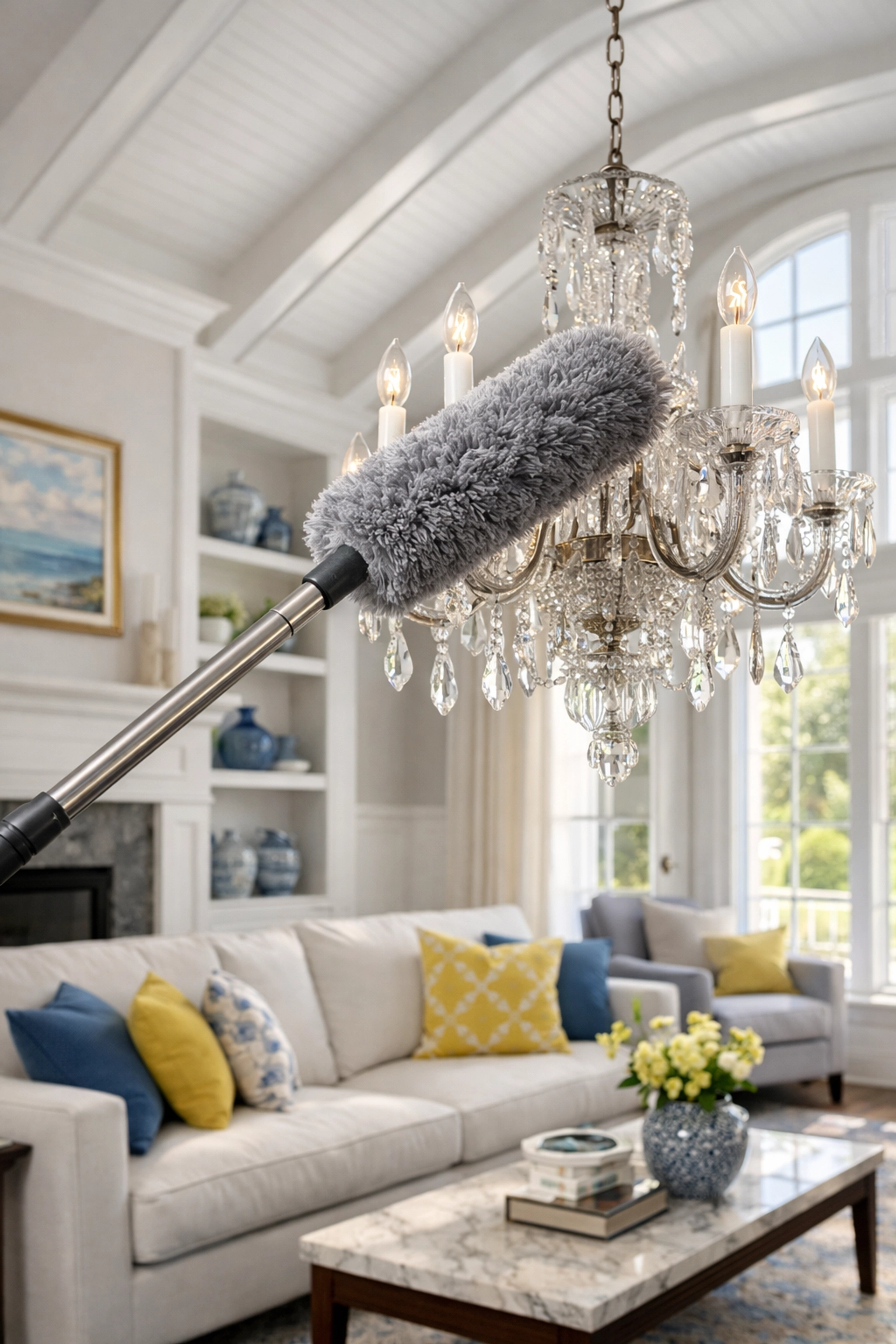 Professional dusting of a high-ceiling chandelier in a luxury home as part of a Hopkinton house cleaning.