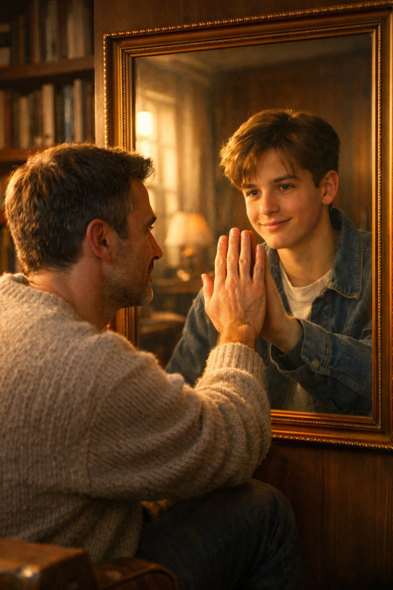 Gay man reflecting on his younger self in a mirror, illustrating themes of queer healing and self-discovery in MM romance.