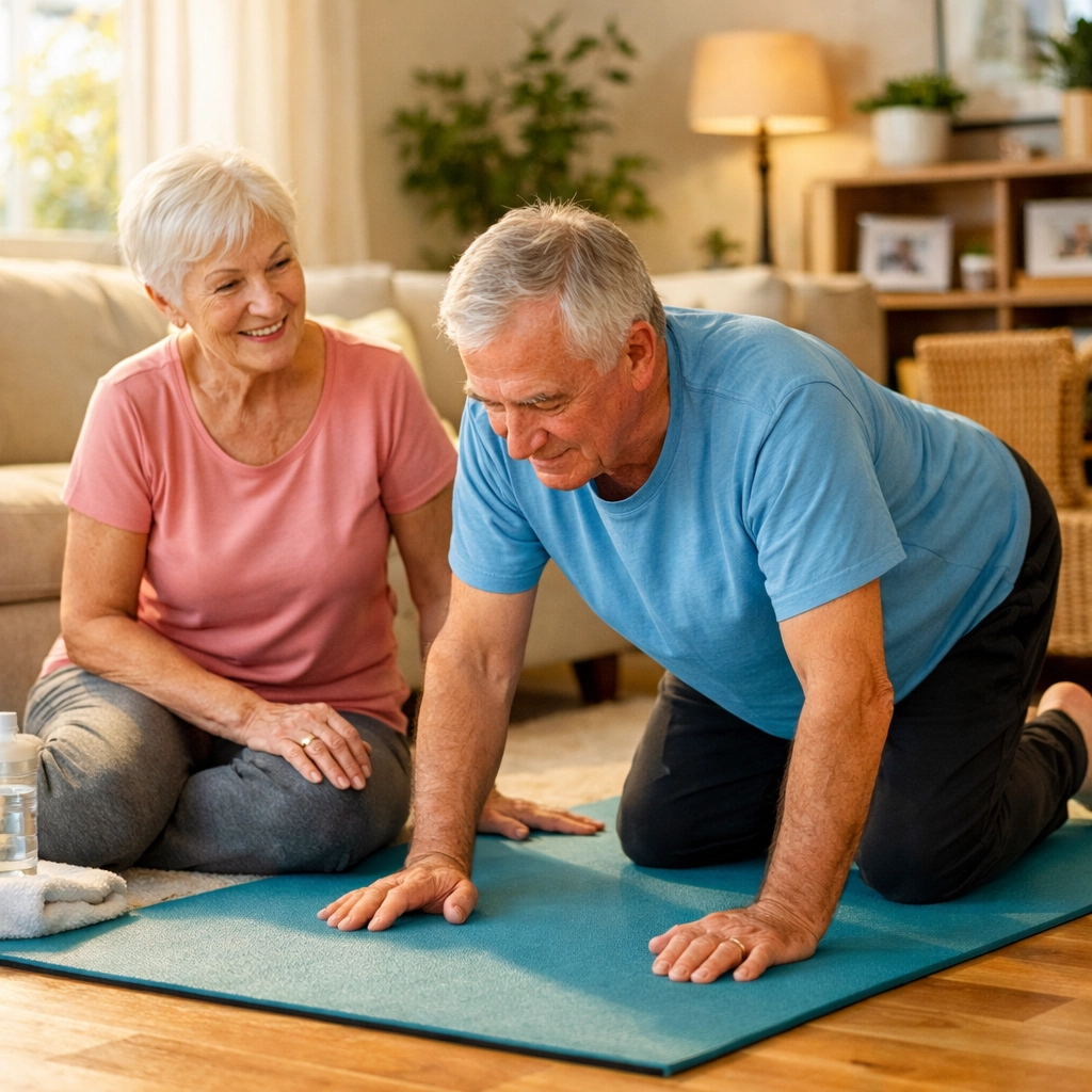Senior couple practicing floor recovery techniques together safely at home