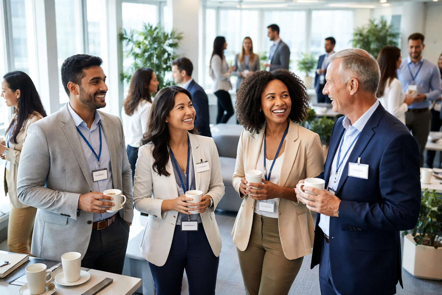 Professional alumni reconnecting at a corporate networking event, highlighting ServiceNow HRSD Alumni Center engagement.