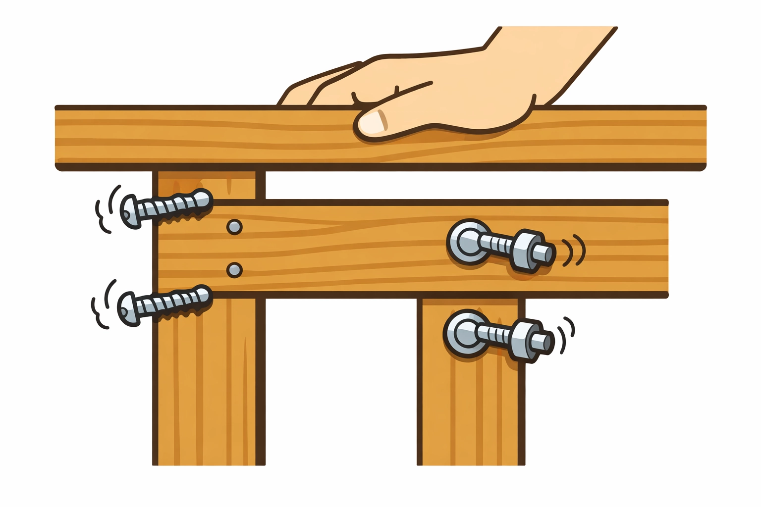 Loose wooden deck railing with failing screws requiring immediate safety repair