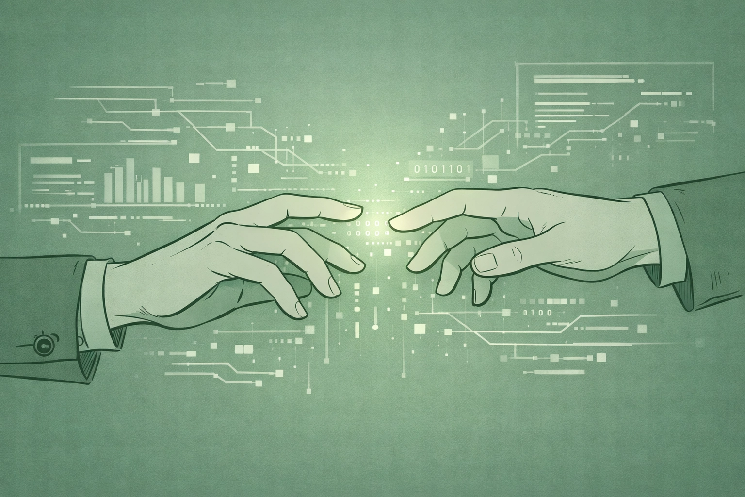 MM romance hacker and assassin hands reaching toward each other across holographic data screen