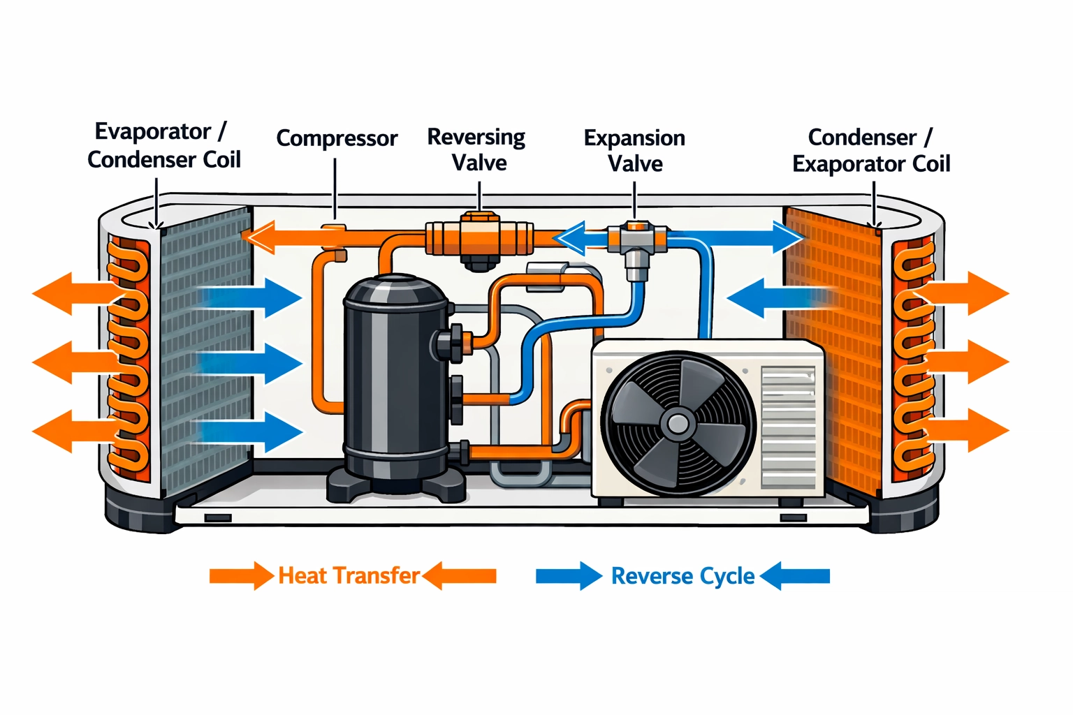 Heat pump system showing heat transfer flow for commercial buildings