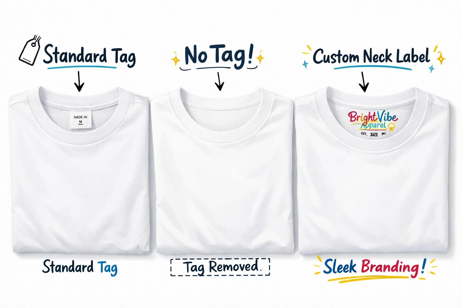 Comparison of generic manufacturer tag versus custom branded DTF neck label on shirts