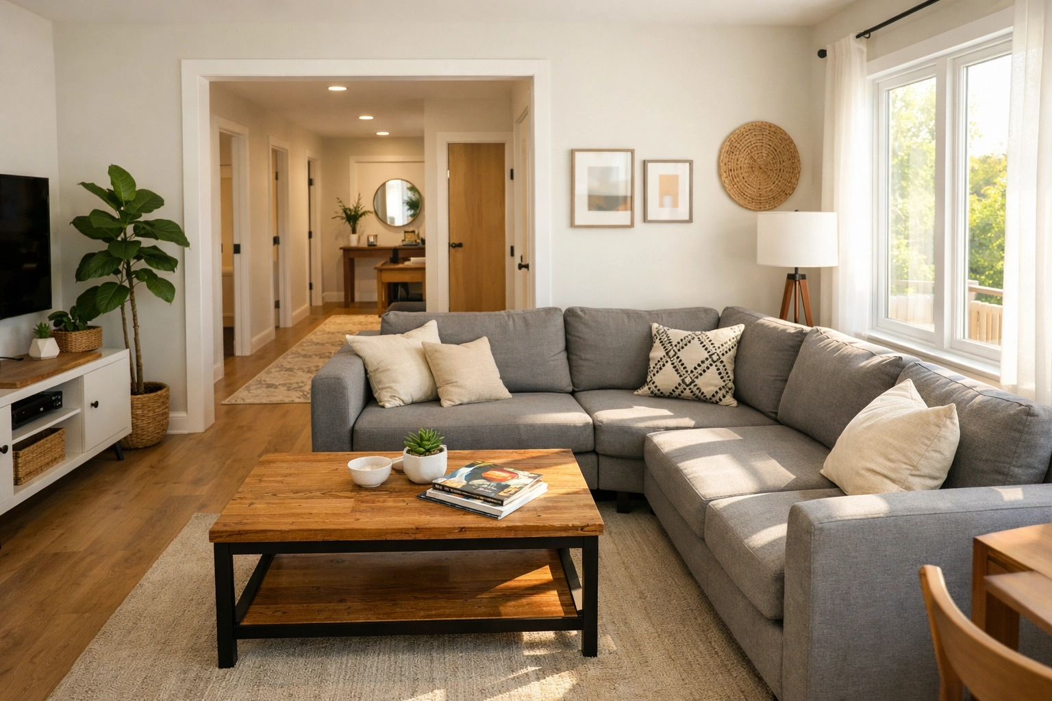 Modern shared living room in co-living home with natural light and hallway to private bedrooms