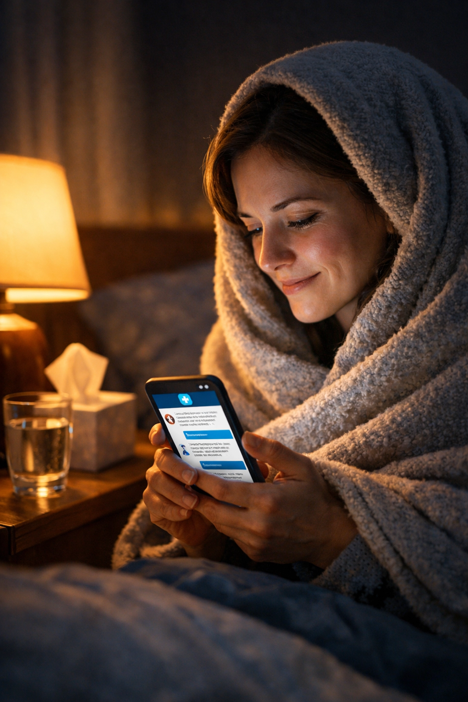 Patient using text-based online urgent care for a late-night sinus infection consultation on a smartphone.