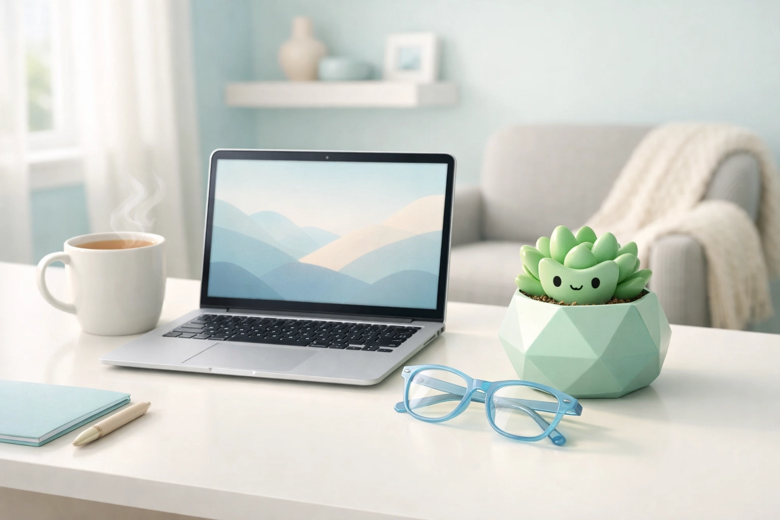 Bright home office desk with a laptop and tea, perfect for female business owner digital networking.