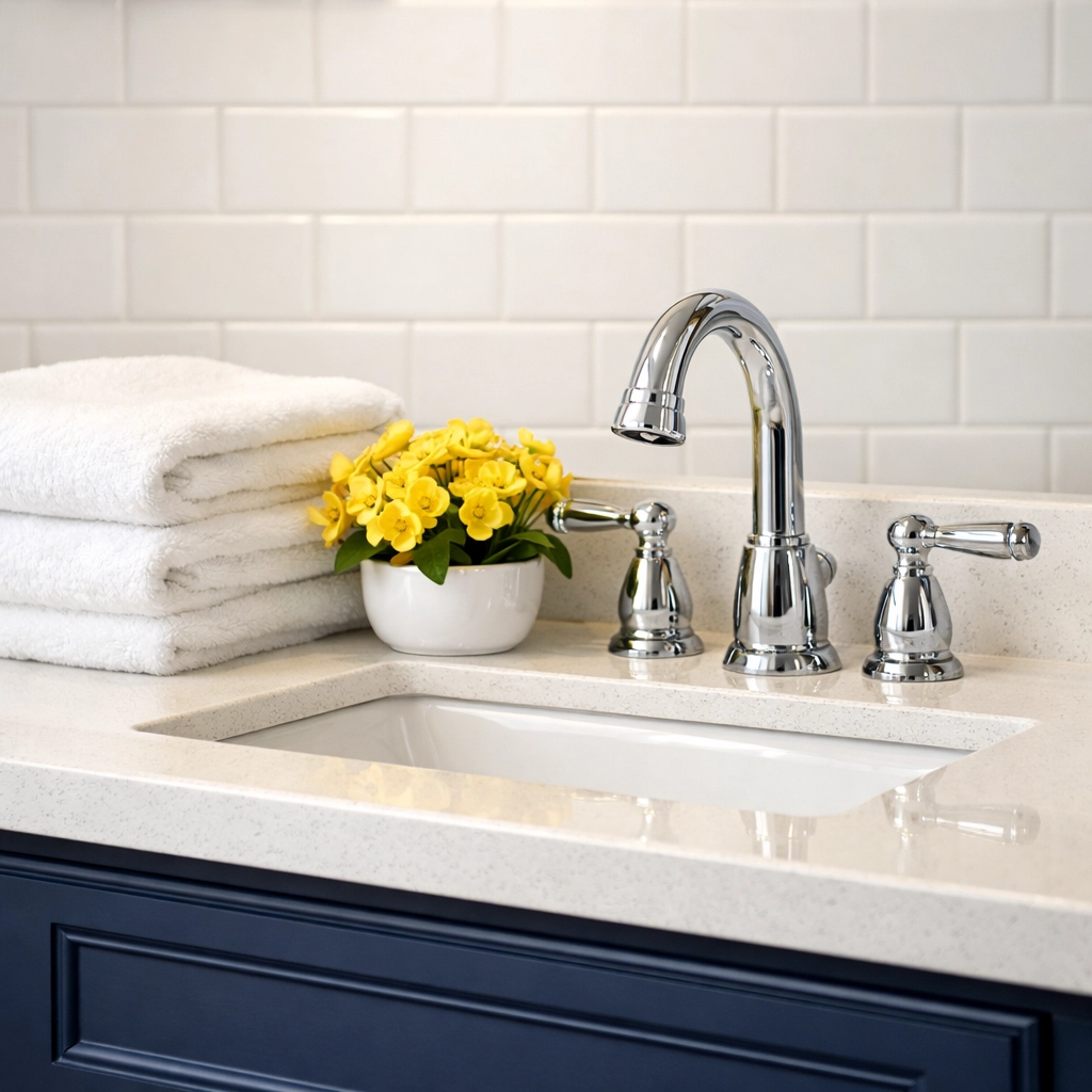 Luxury bathroom vanity with polished fixtures after a residential cleaning MA session in a Massachusetts home.
