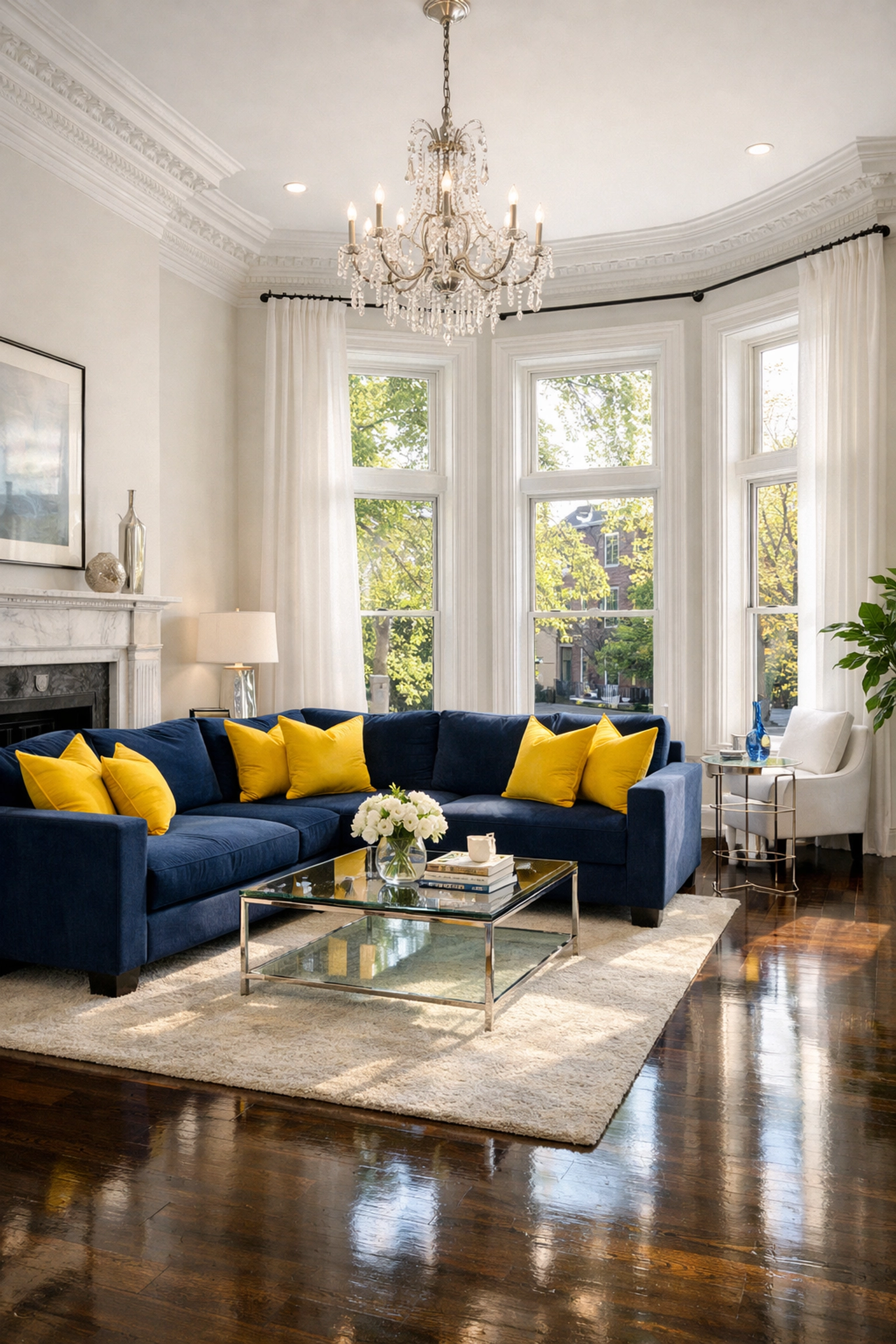Pristine Brookline brownstone living room showcasing polished floors from weekly house cleaning.