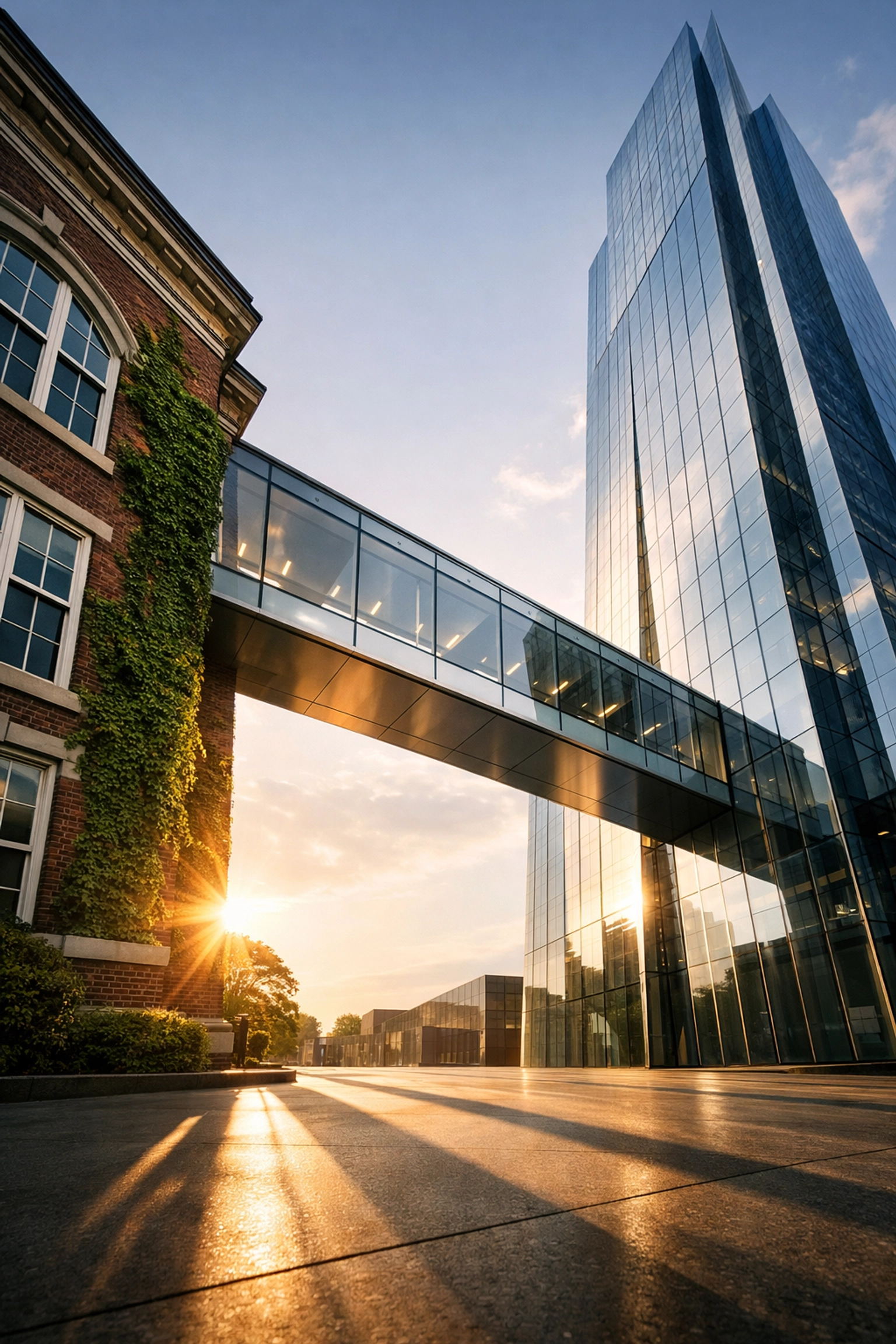 A modern bridge connecting a school building to a corporate skyscraper, symbolizing career transitions.