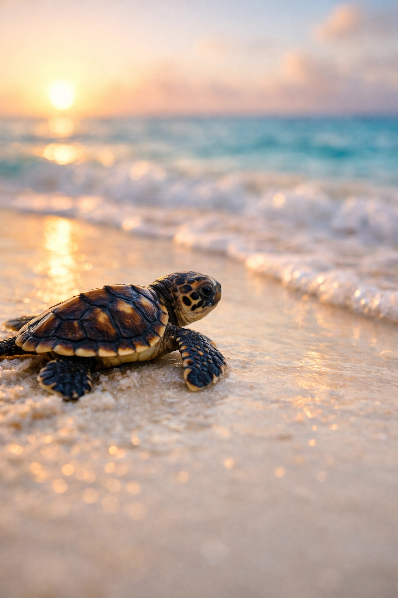 A hawksbill sea turtle hatchling crawls toward the ocean on a Caribbean beach during nesting season.