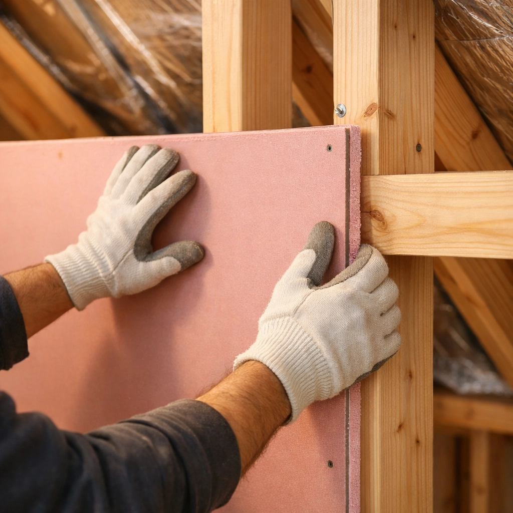 Installing fire-resistant plasterboard for structural safety during a professional loft renovation project.