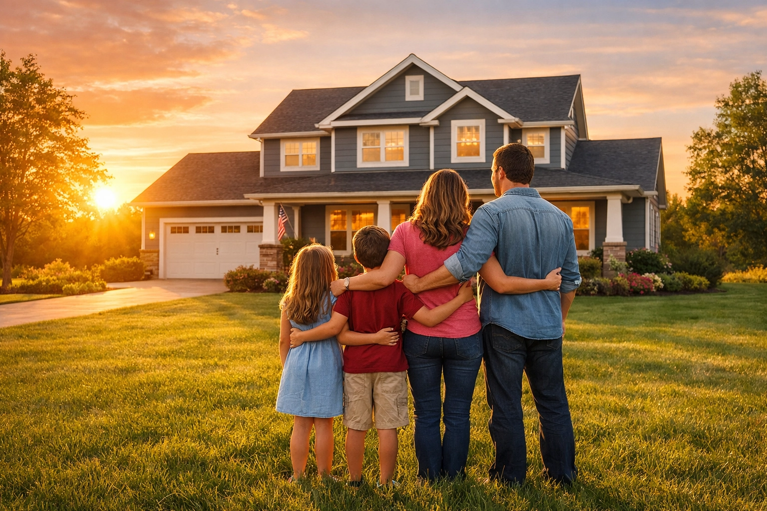 A family standing before their home, finding stability through disaster relief in New Jersey.