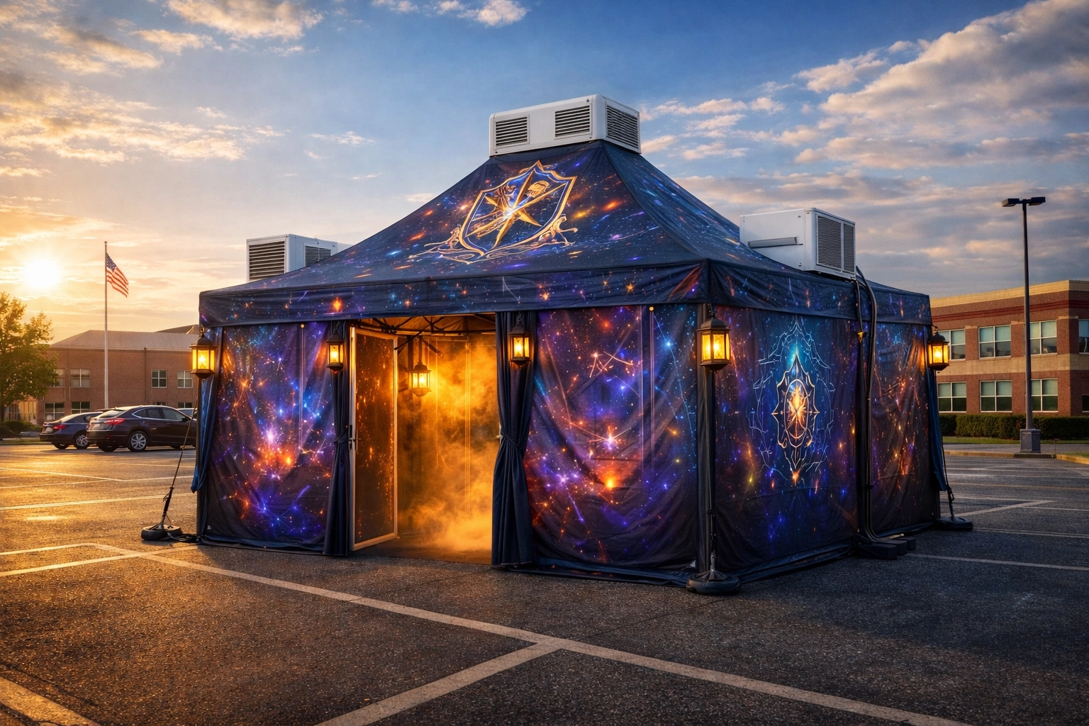 Portable escape room tent setup in a school parking lot, featuring a professional climate-controlled 13×13 pop-up tent with wizard-inspired theming.