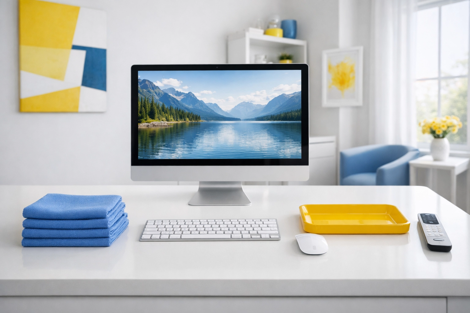 A professionally cleaned and sanitized home office workspace featuring an organized desk and keyboard.