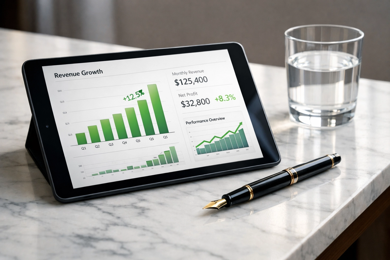 Professional financial dashboard on a tablet showing audit-ready reports after a real estate bookkeeping cleanup.