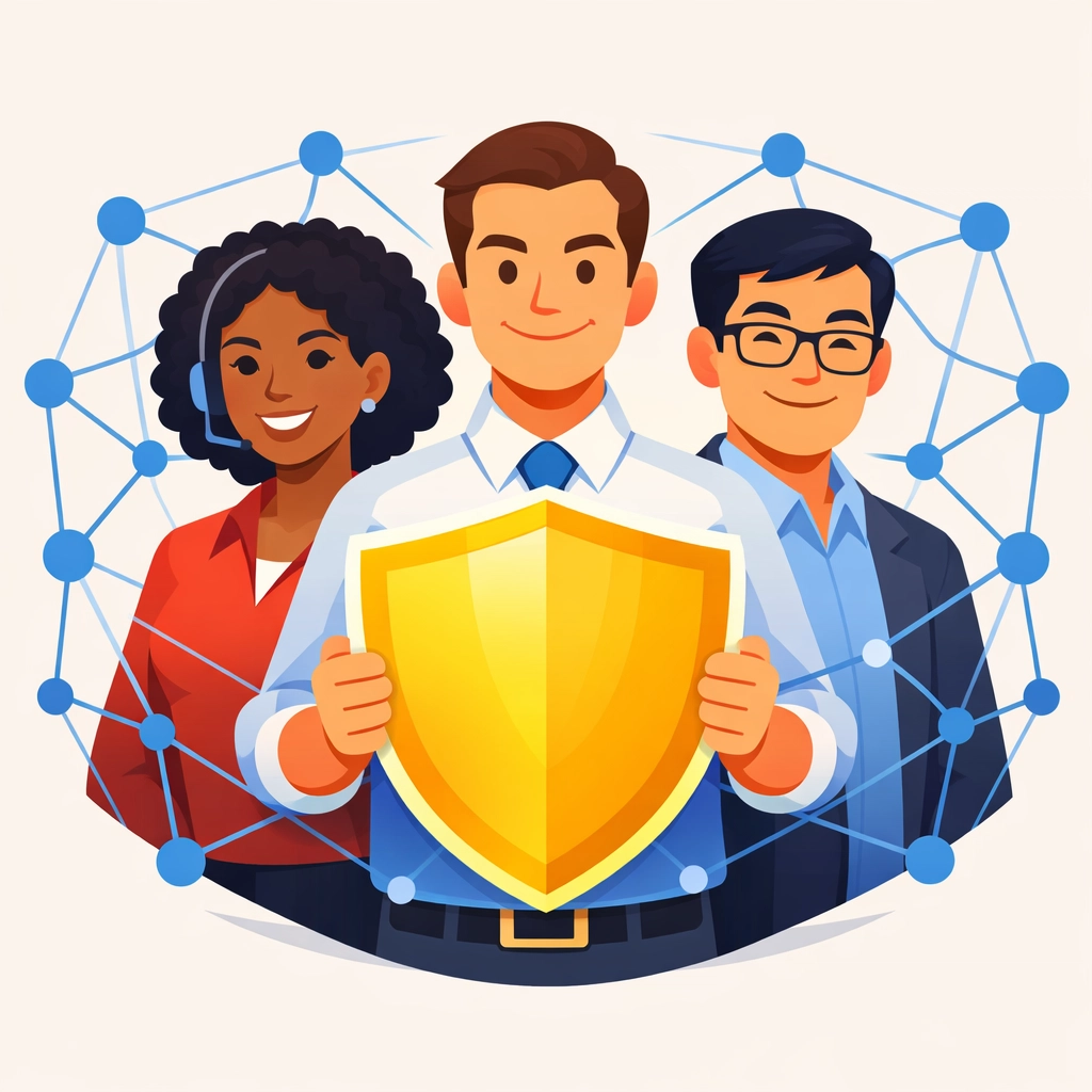 Employees forming a human firewall with a shield to represent cybersecurity training against phishing.