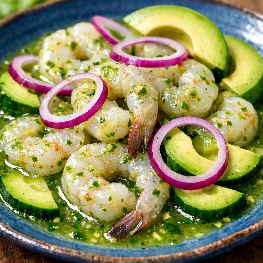 Vibrant shrimp aguachile with lime and avocado, a top budget travel food dish in Mexico City.