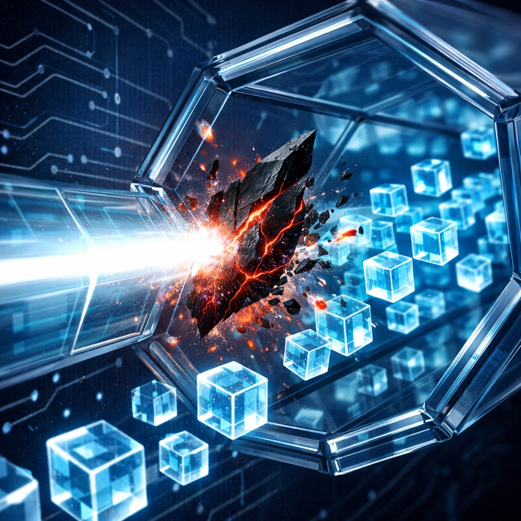 A digital data stream blocking a malicious file shard to illustrate Microsoft 365 threat protection.