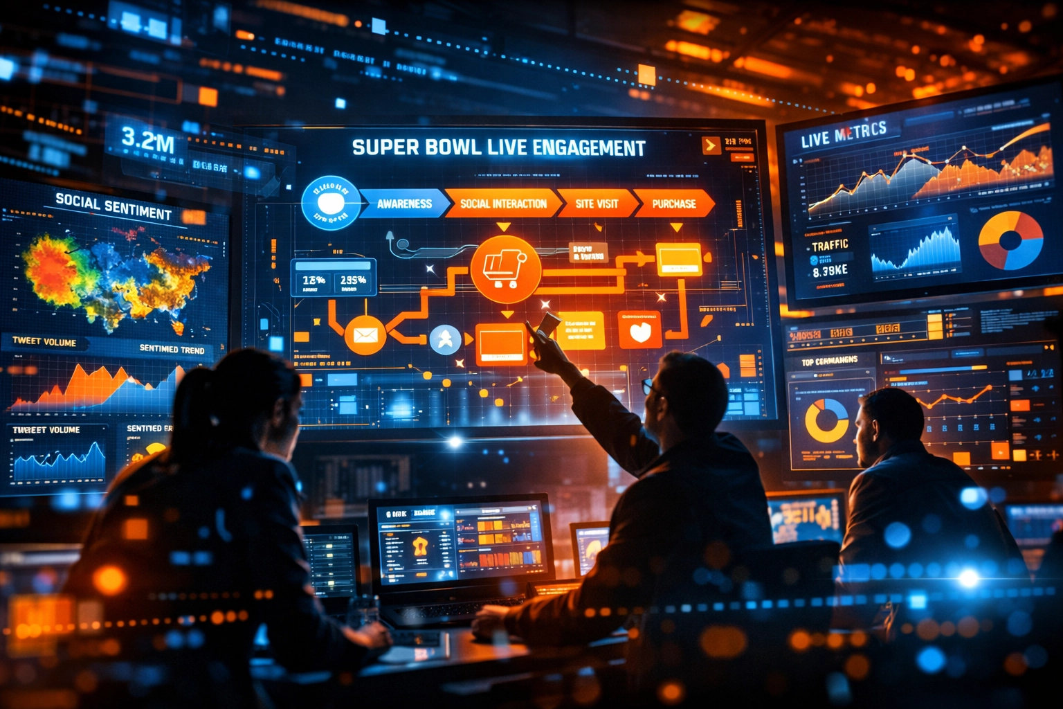 Marketing team analyzing real-time Super Bowl ROI and attribution data on multiple screens