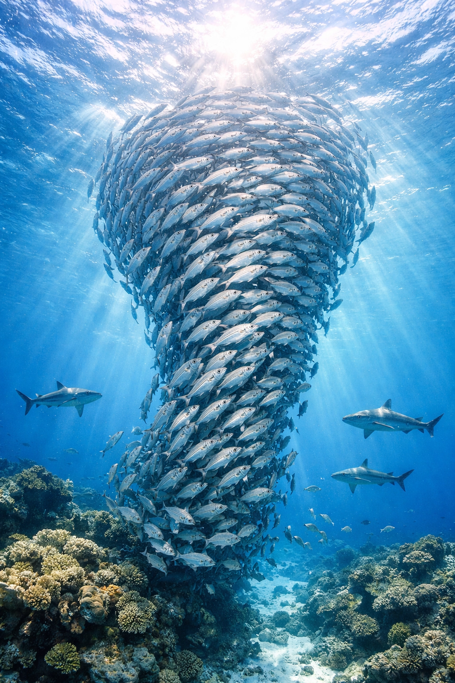 School of horse-eye jacks and reef sharks at Mona Island Puerto Rico dive site