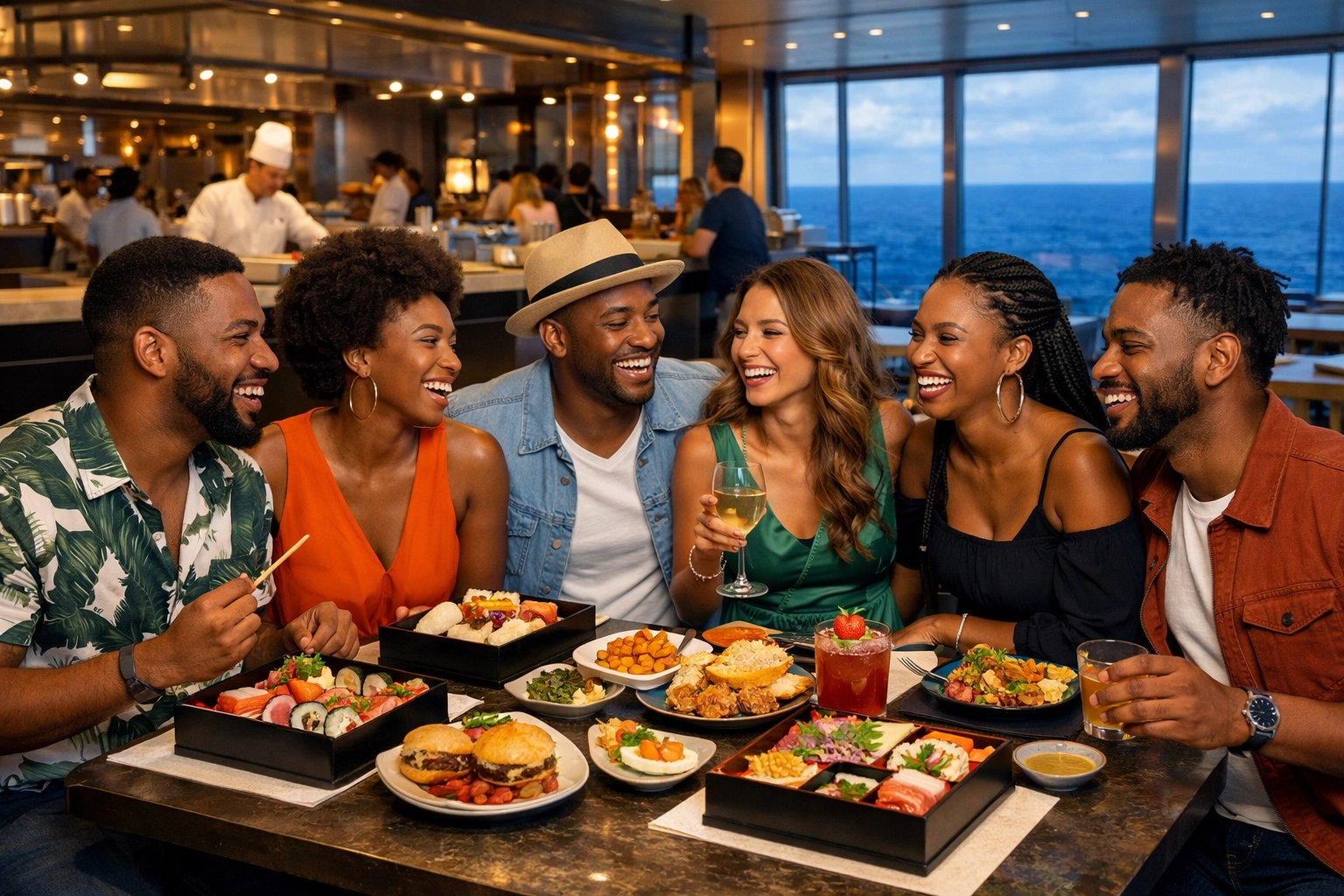 Friends dining at The Galley on Virgin Voyages, enjoying the modern no-buffet dining experience at sea.