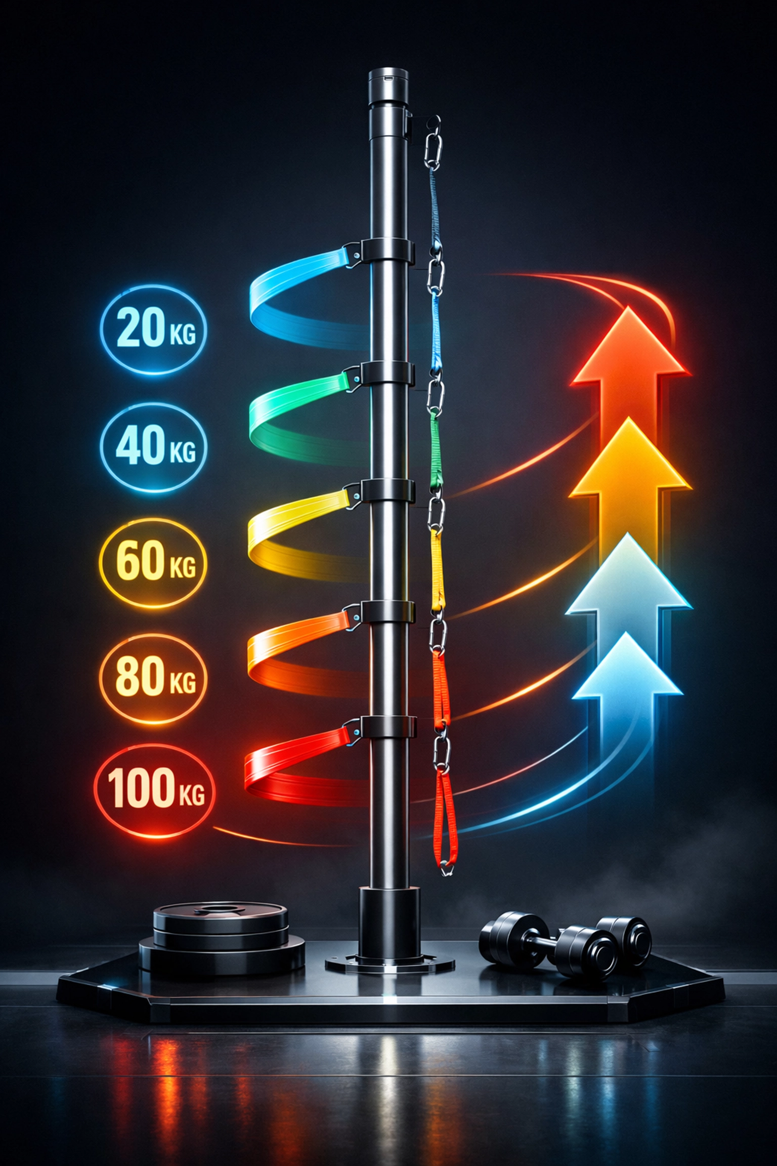 Progressive resistance bands on floor-to-ceiling pole showing strength training progression