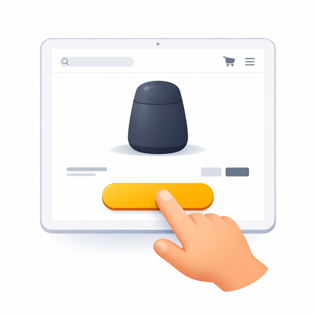 Interactive shoppable video screen on a tablet featuring a direct purchase button for e-commerce.