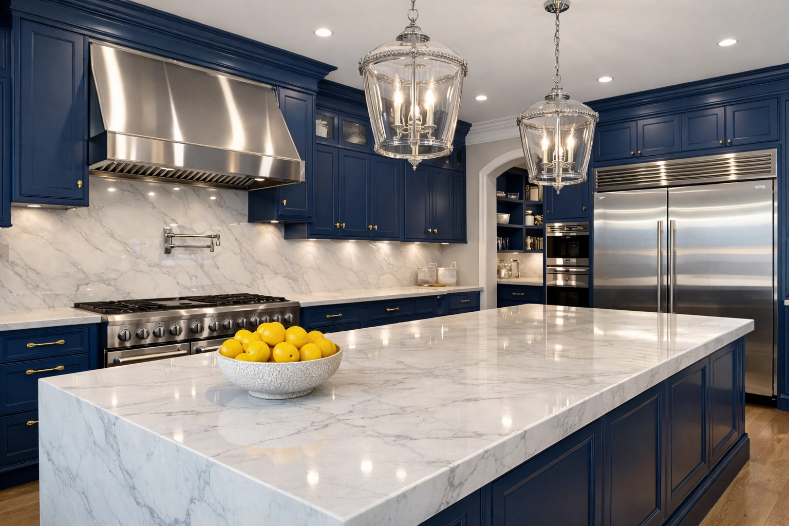 Deep cleaning your Hingham coastal estate results in a spotless kitchen with marble islands and stainless steel.