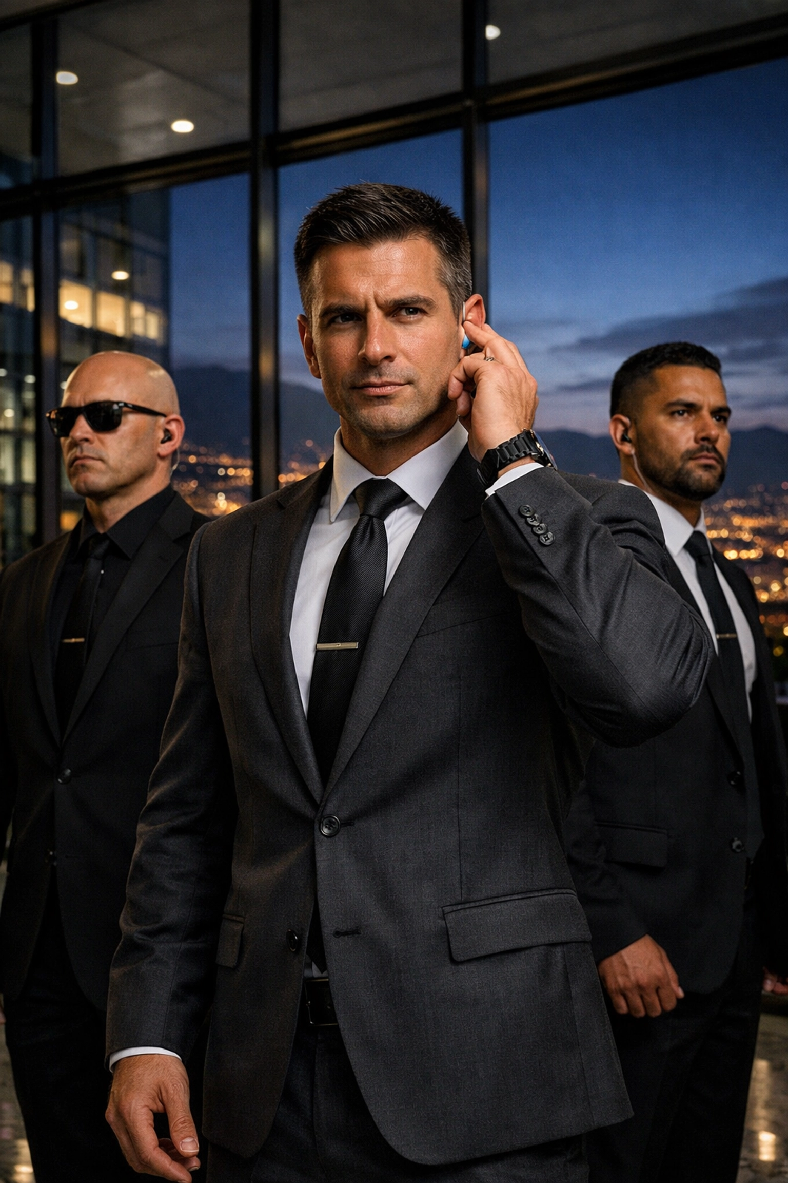 Professional bodyguard Medellin team in suits overlooking the city, representing elite private security services.