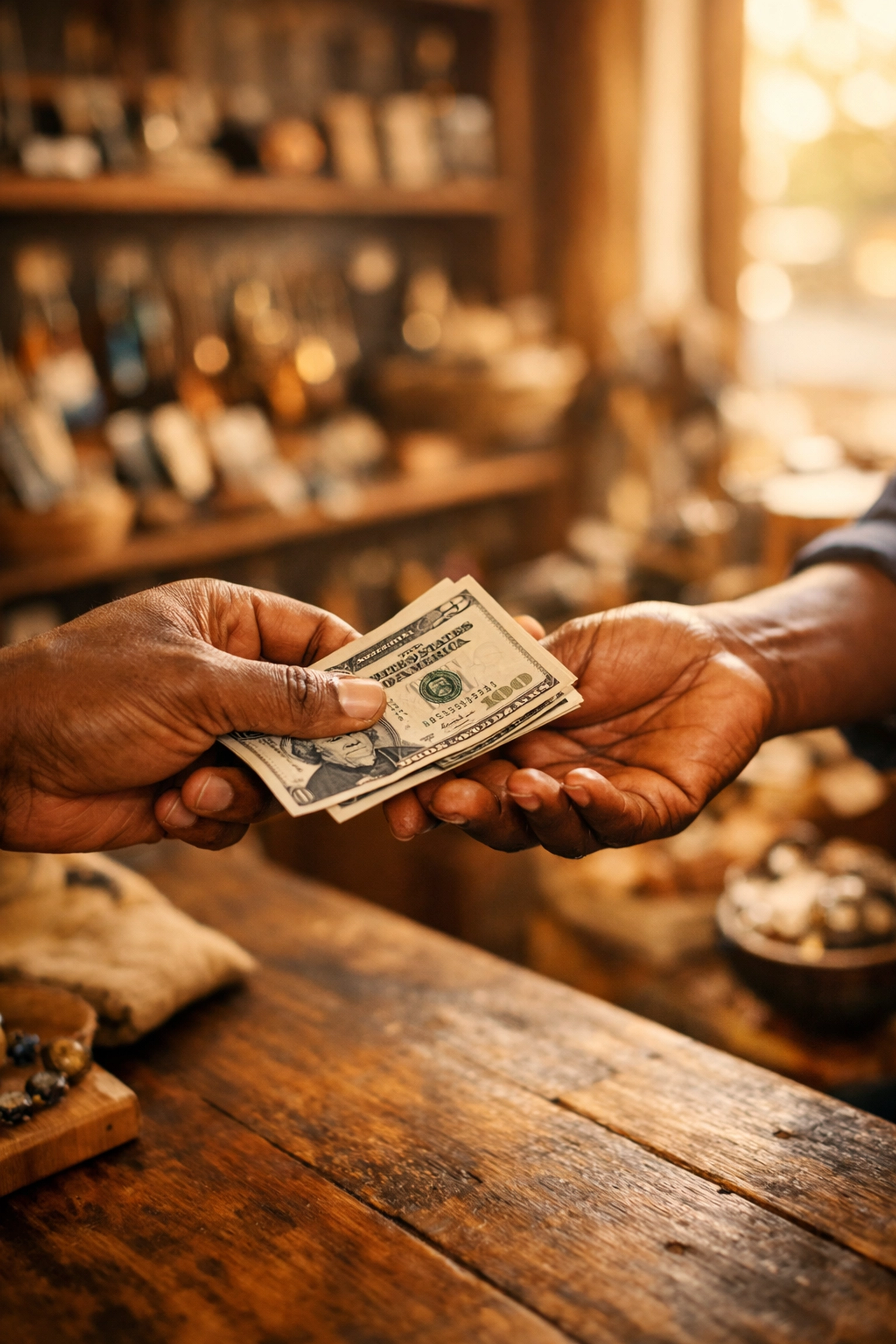 Customer transaction at Black-owned business counter supporting Buyblack movement