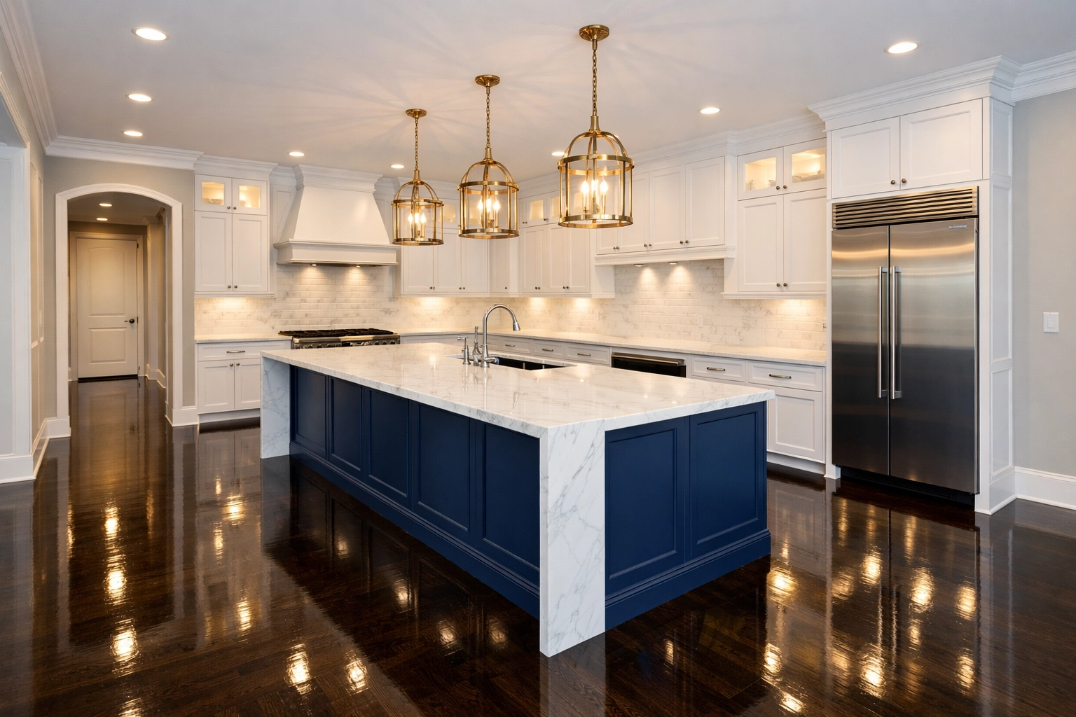 A spotless luxury kitchen in Newton MA after a professional deep cleaning session by expert cleaners.