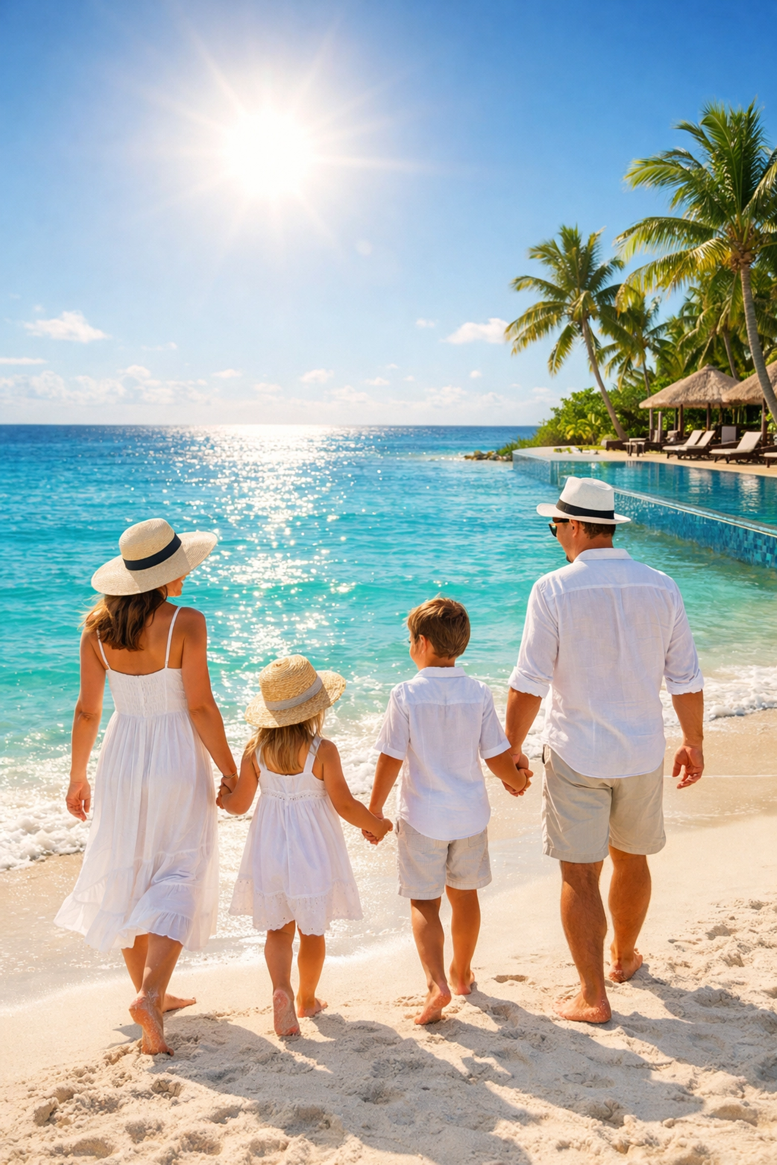 Family enjoying a stress-free Spring Break 2026 tropical beach vacation at a luxury resort with crystal clear water.